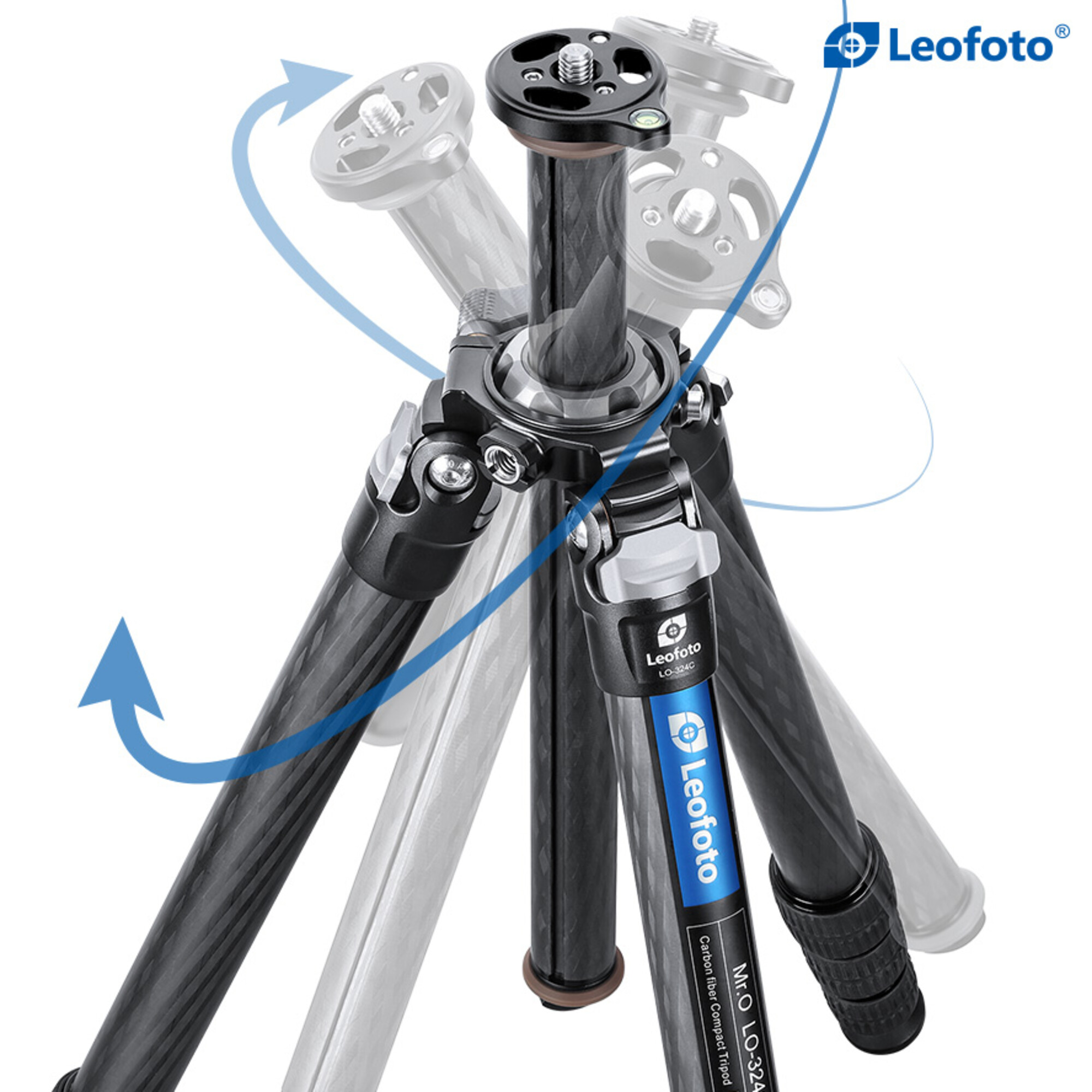 Ein schwarzes Carbon-Stativ von Leofoto mit blauen Pfeilen, die die Bewegung anzeigen.