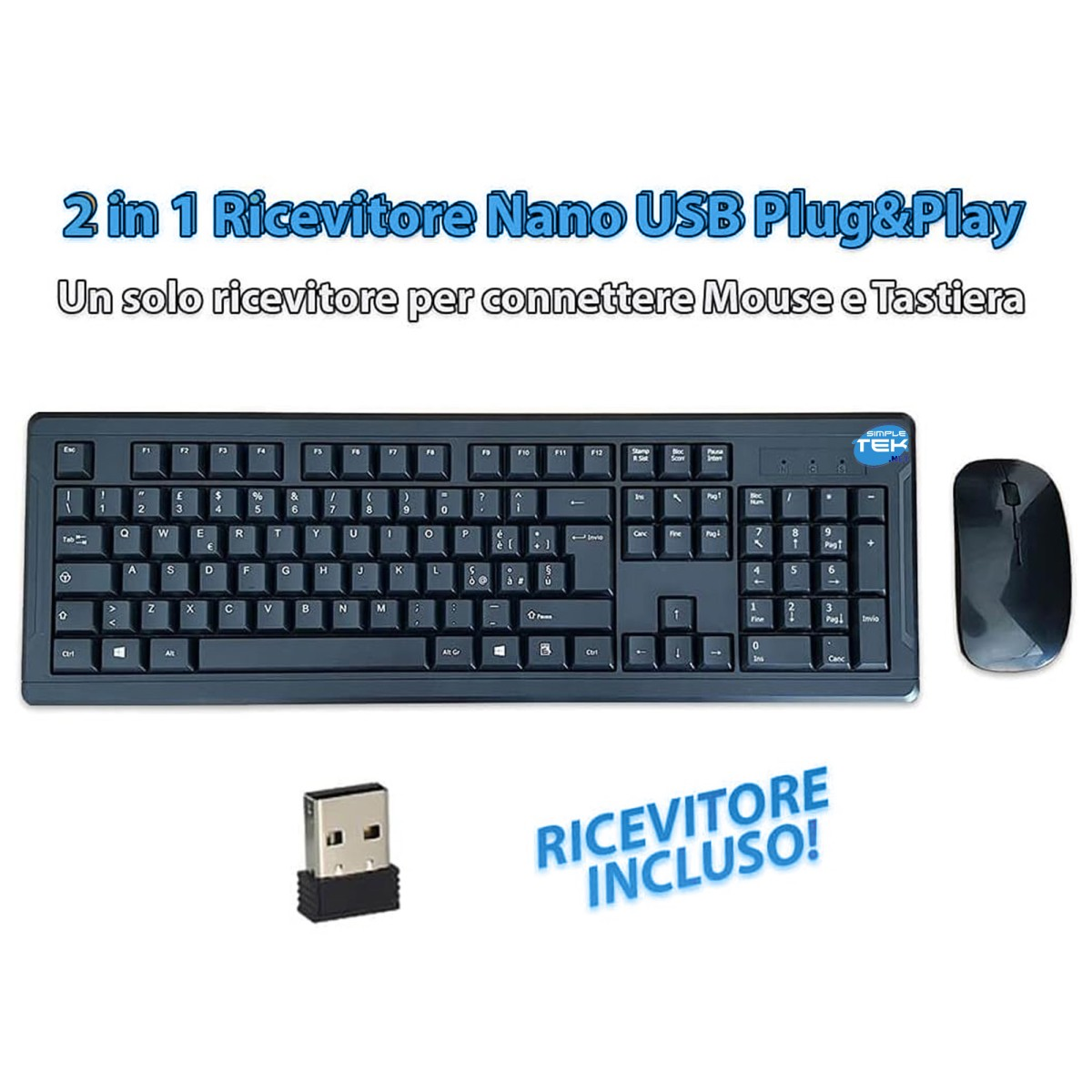 Un set di tastiera e mouse wireless neri con ricevitore USB.