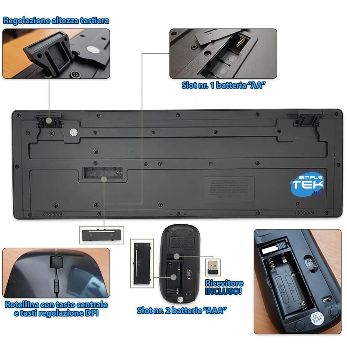 Vista posteriore di tastiera e mouse, con vani batteria e ricevitore USB.