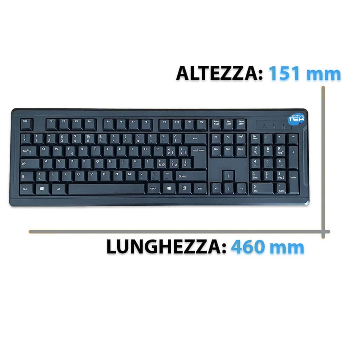 Tastiera nera con dimensioni: altezza 151mm, lunghezza 460mm. Logo Simple Tek.