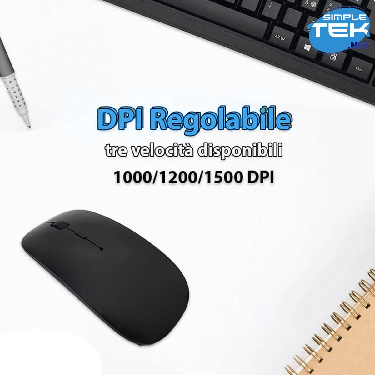 Mouse e tastiera neri con testo 'DPI Regolabile' e impostazioni DPI.