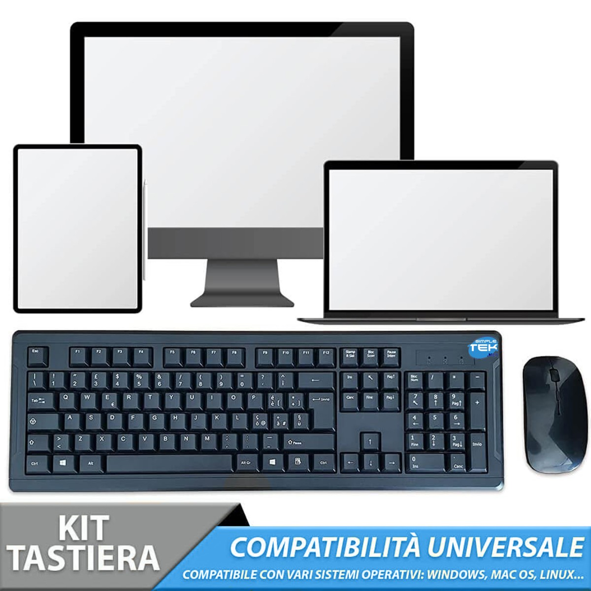 Computer desktop, laptop, tablet, tastiera e mouse su sfondo bianco.