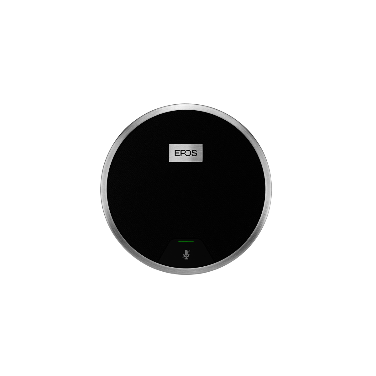 Microfono EPOS dal design nero e argento, con icona microfono verde.