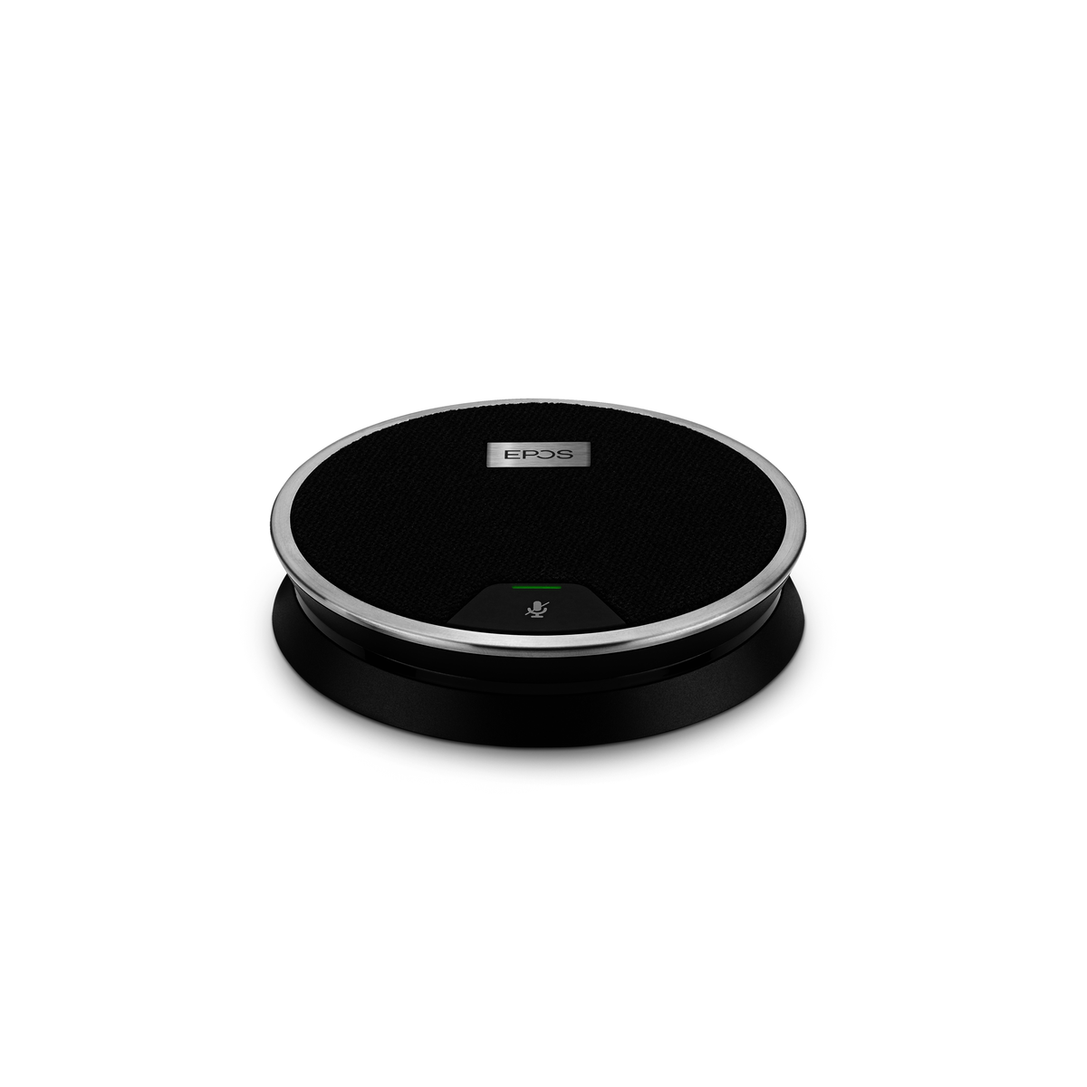 Un vivavoce EPOS nero con bordo argentato e un'icona microfono verde.