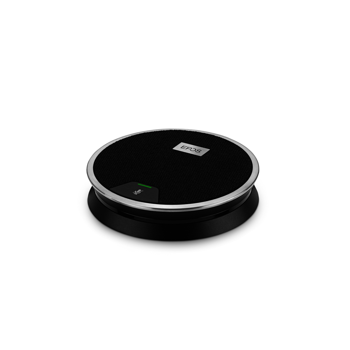 Microfono EPOS nero con bordo argentato e spia verde.