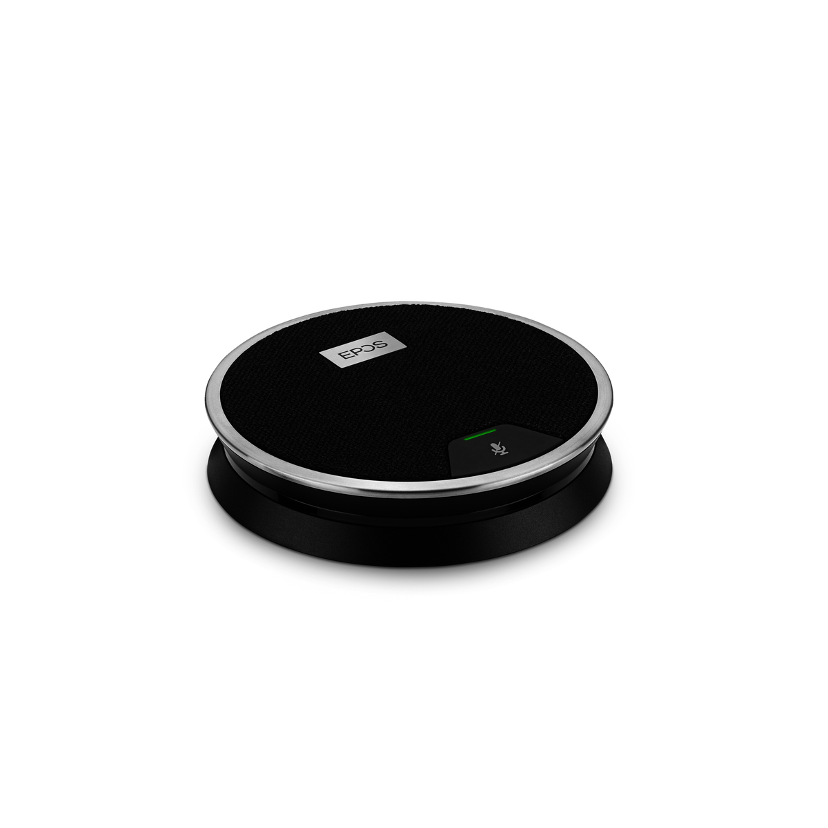 Un vivavoce EPOS nero con bordo argentato e luce microfono verde.