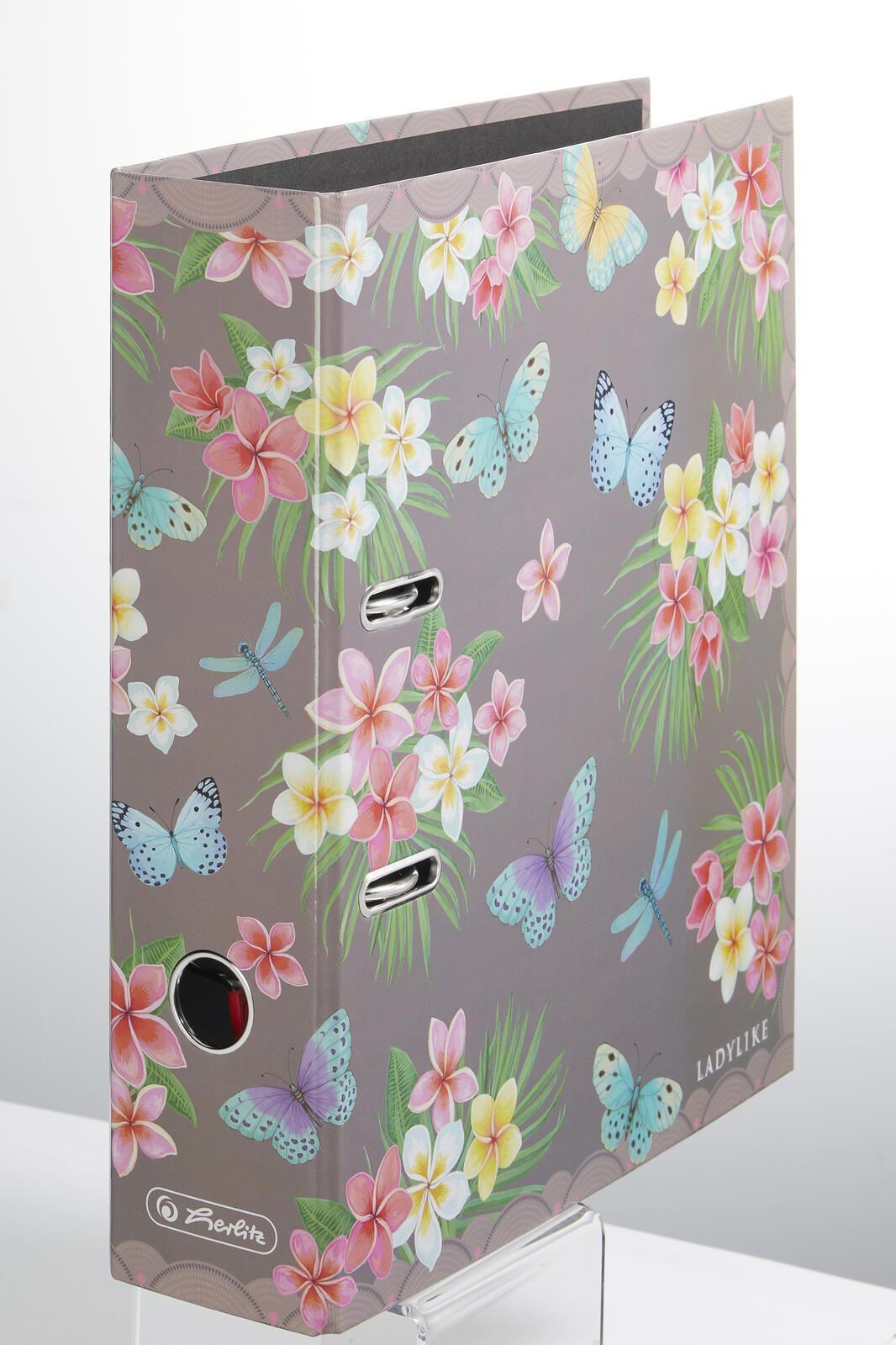 Raccoglitore grigio con stampa floreale tropicale e farfalle. Anelli metallici e manico.
