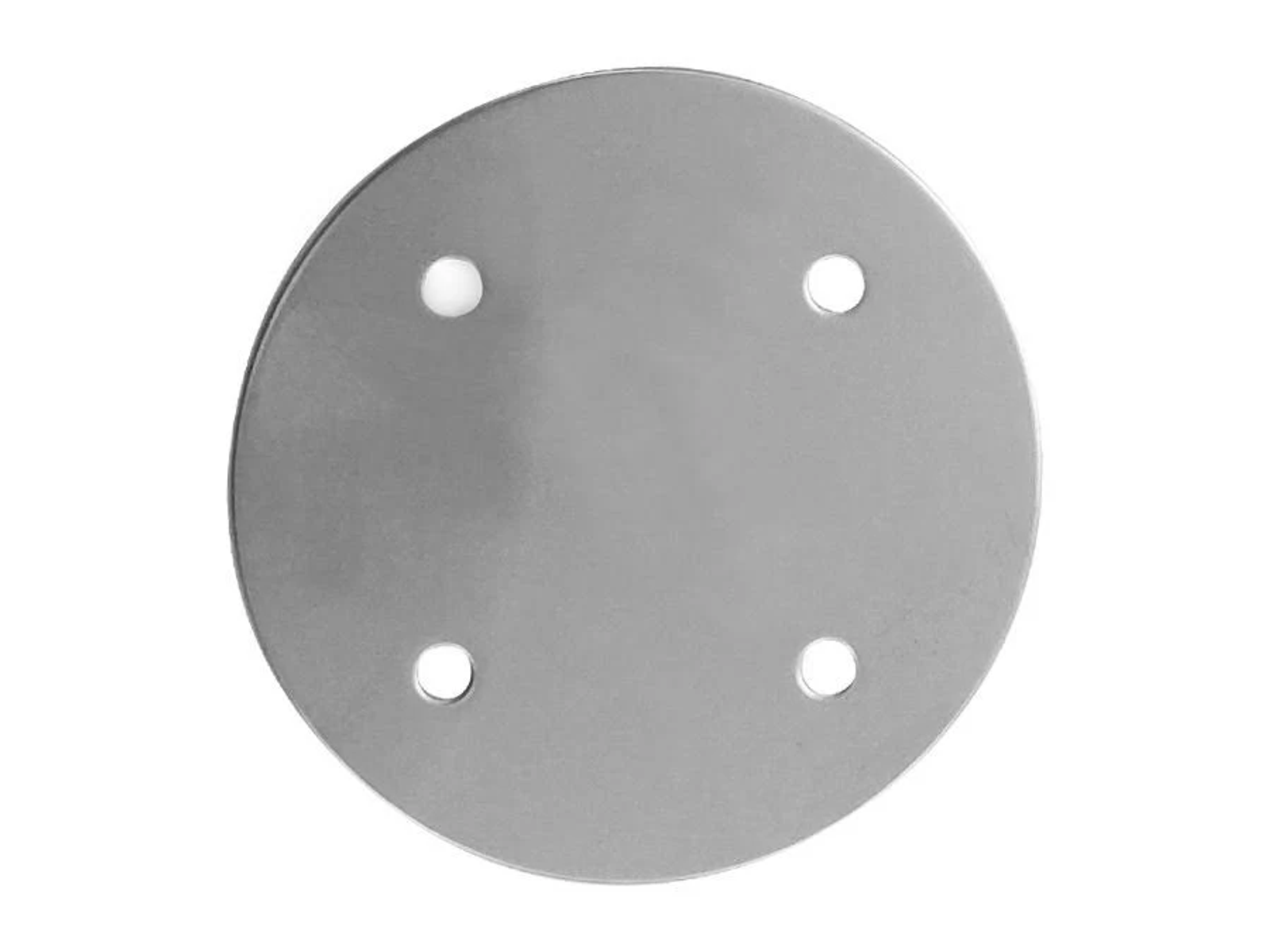 Okrągła, srebrna metalowa płyta z czterema otworami ułożonymi w kwadrat.