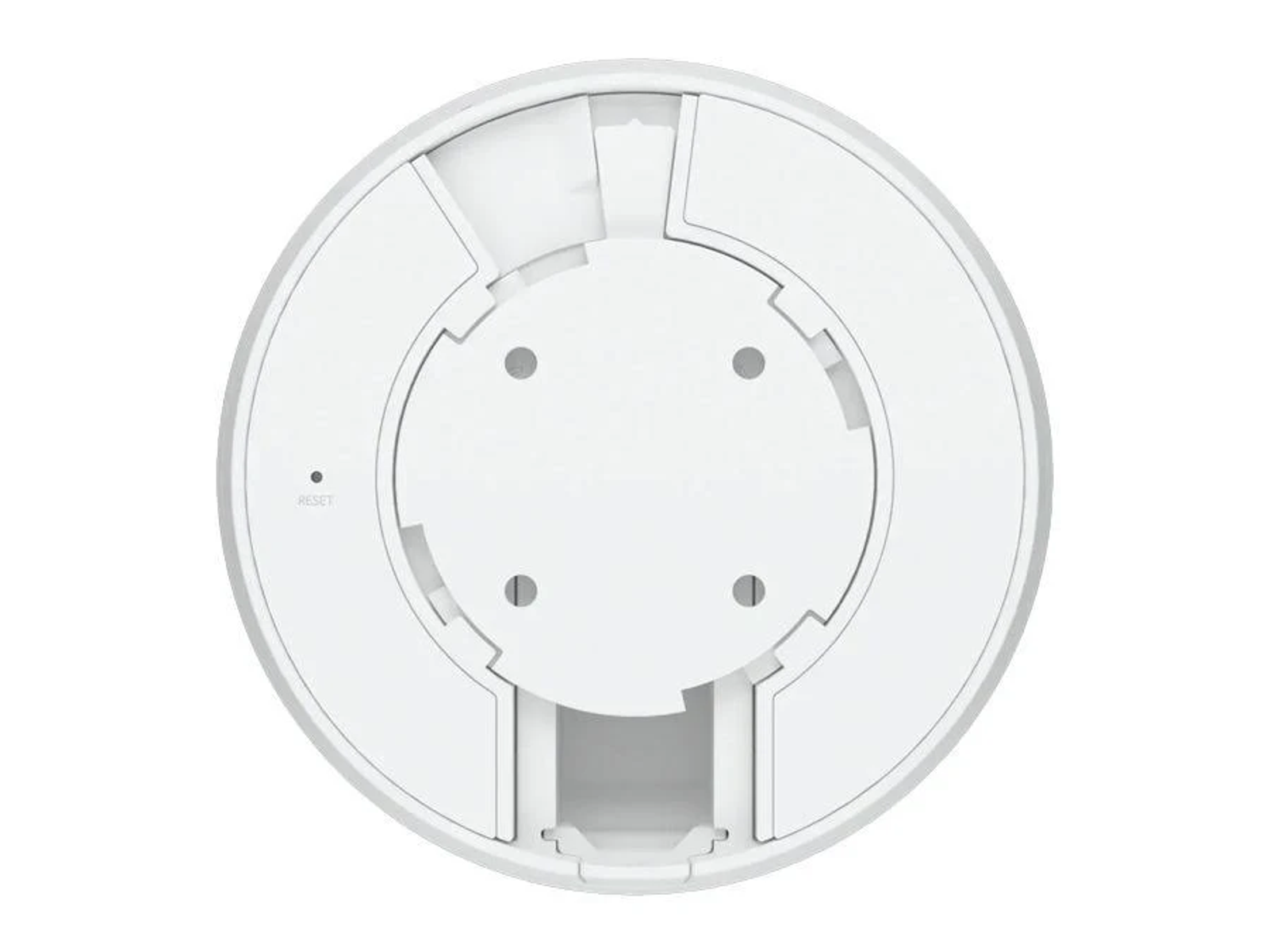 Białe okrągłe urządzenie widok od spodu z przyciskiem reset i otworami montażowymi.