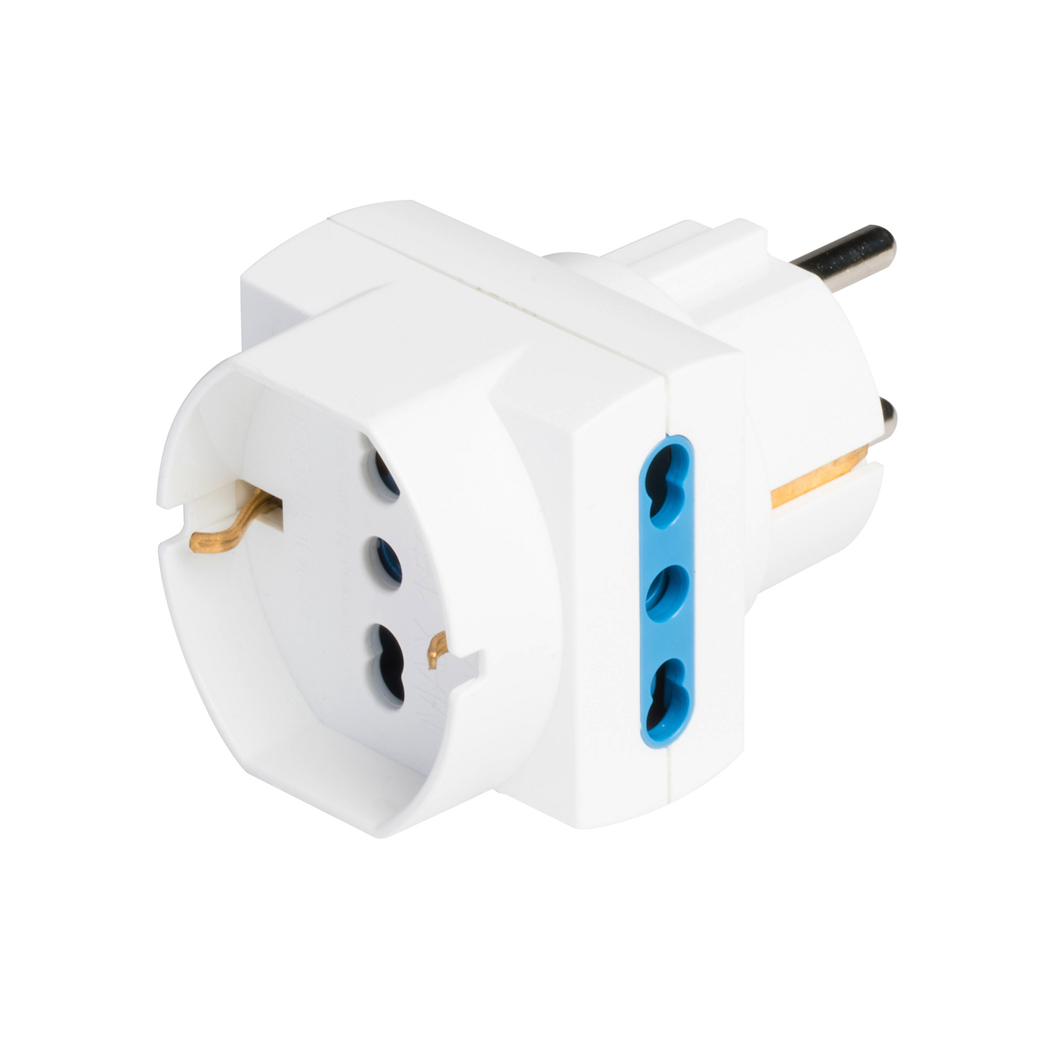 Weißer Universalreiseadapter mit blauen Steckdosen und Metallstiften.