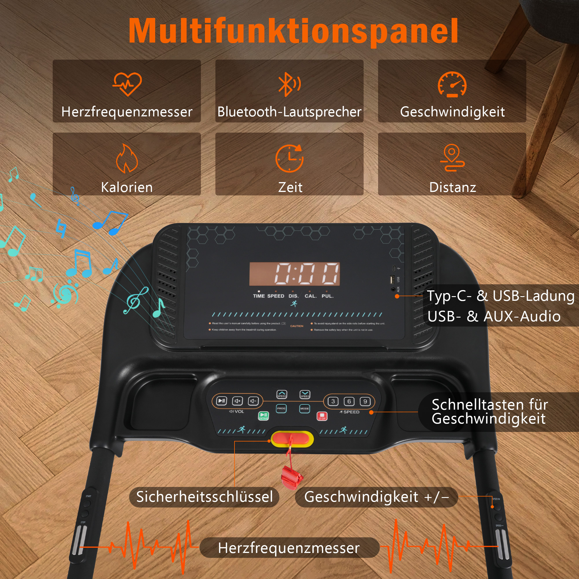 Laufbandkonsole zeigt Zeit, Geschwindigkeit, Distanz, Kalorien, Herzfrequenz. Bietet USB/AUX.