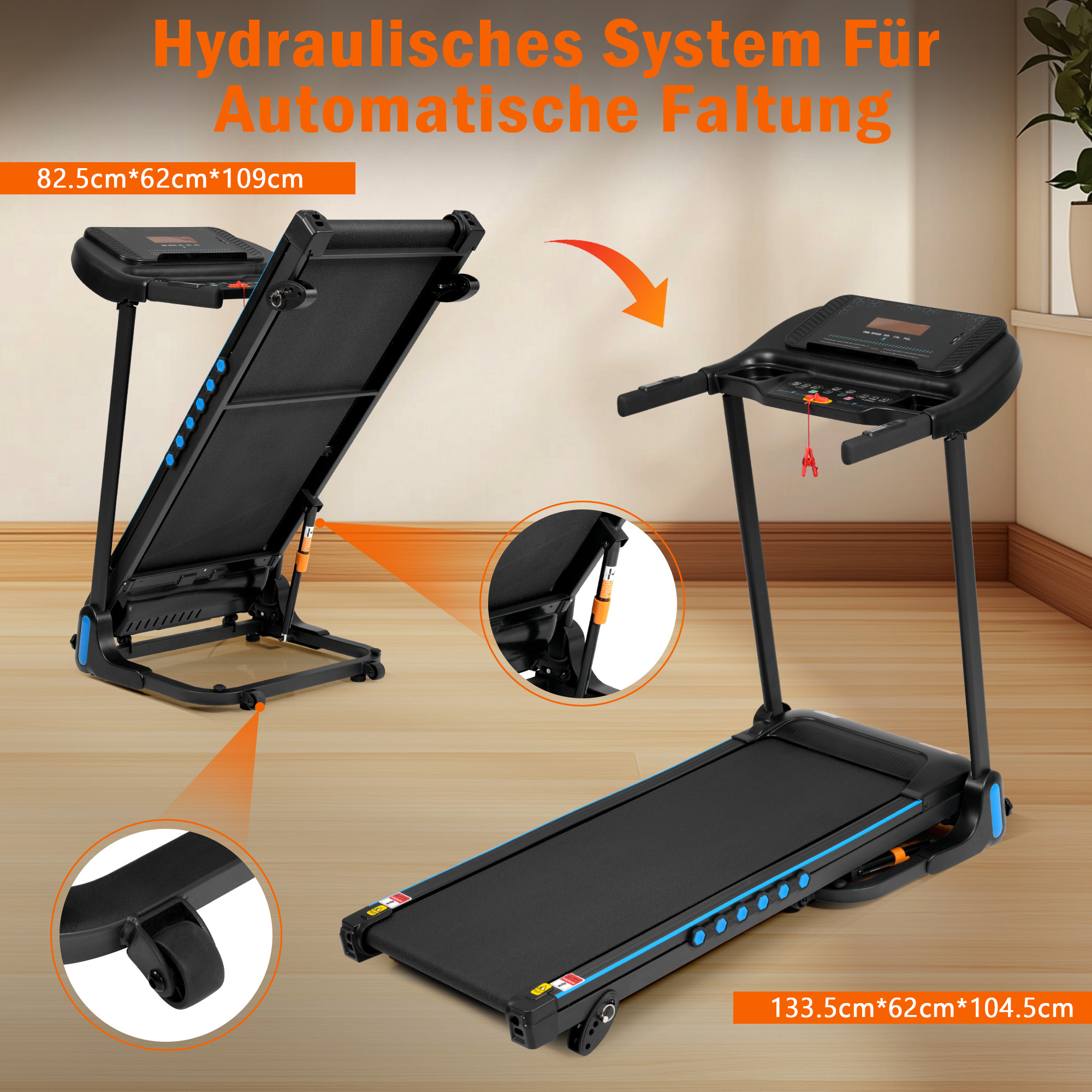 Schwarzes Laufband mit hydraulischem Faltsystem und blauen Akzenten.
