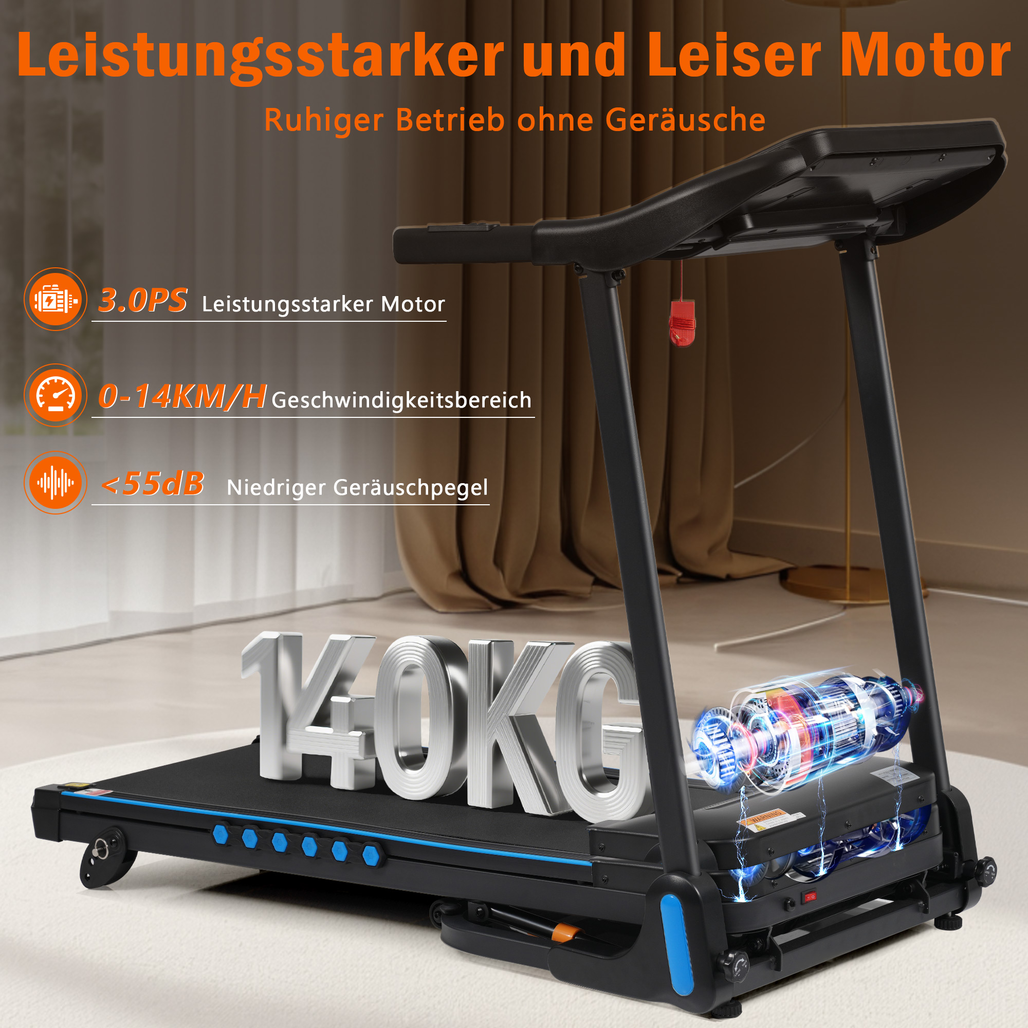 Schwarzer Laufband mit 3,0 PS Motor, 0-14 KM/H und 140KG Traglast.