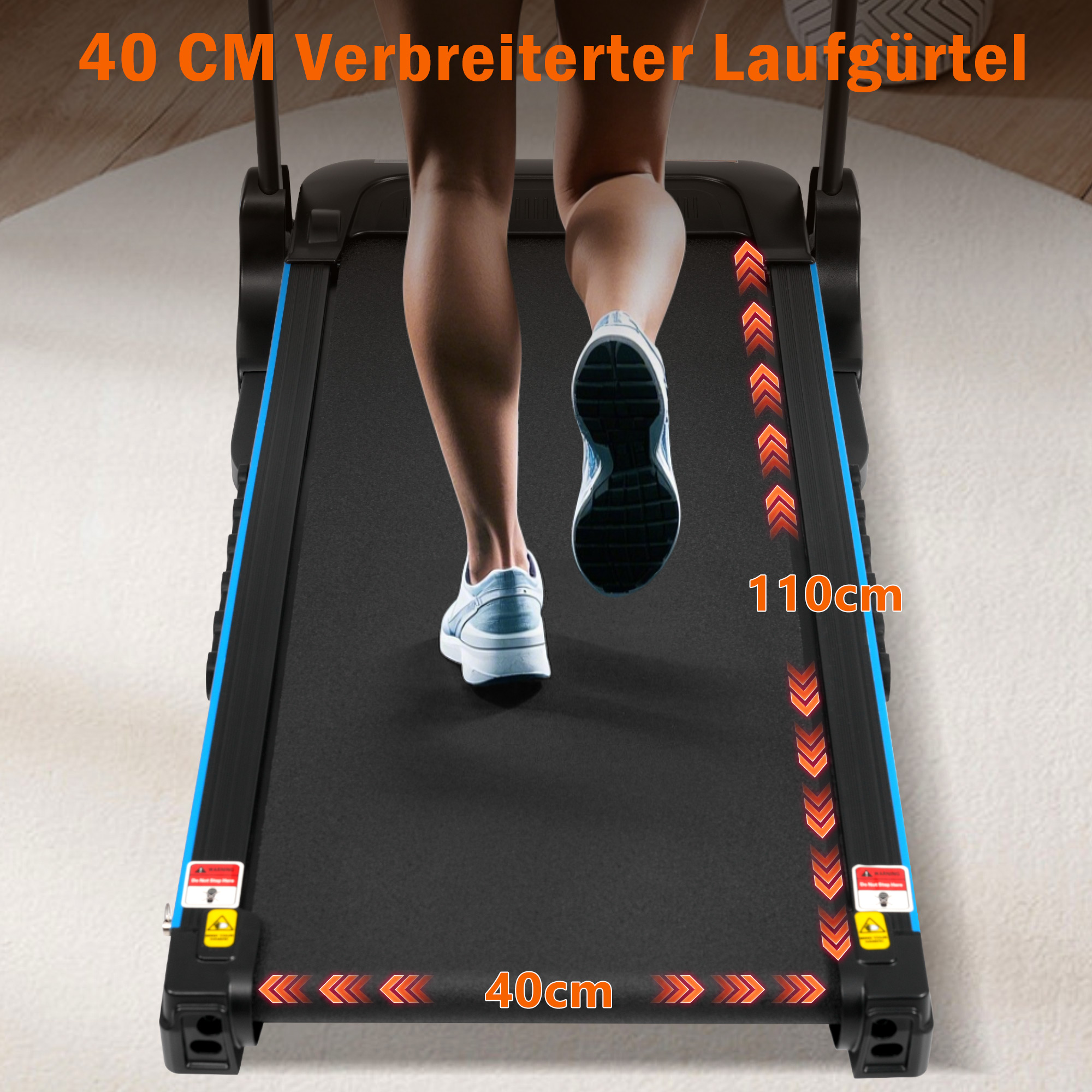 Eine Person läuft auf einem Laufband mit beleuchteten Pfeilen an den Seiten.