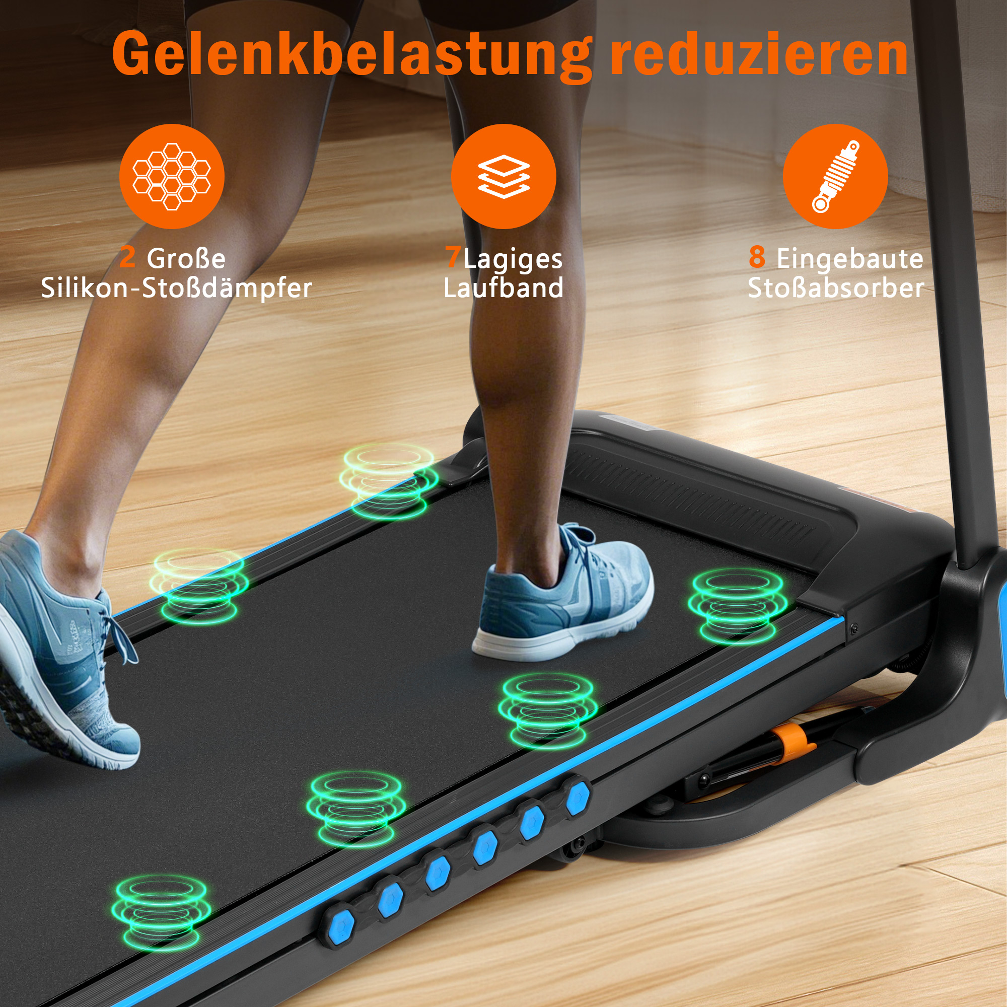 Person läuft auf Laufband mit Stoßdämpfer-Symbolen. Gelenkbelastung reduzieren.