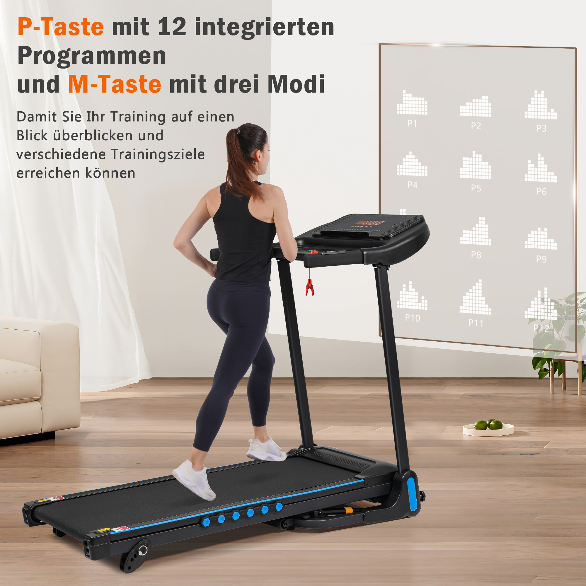 Frau läuft auf Laufband, Display zeigt 12 Programme. Heimtrainings-Setting.