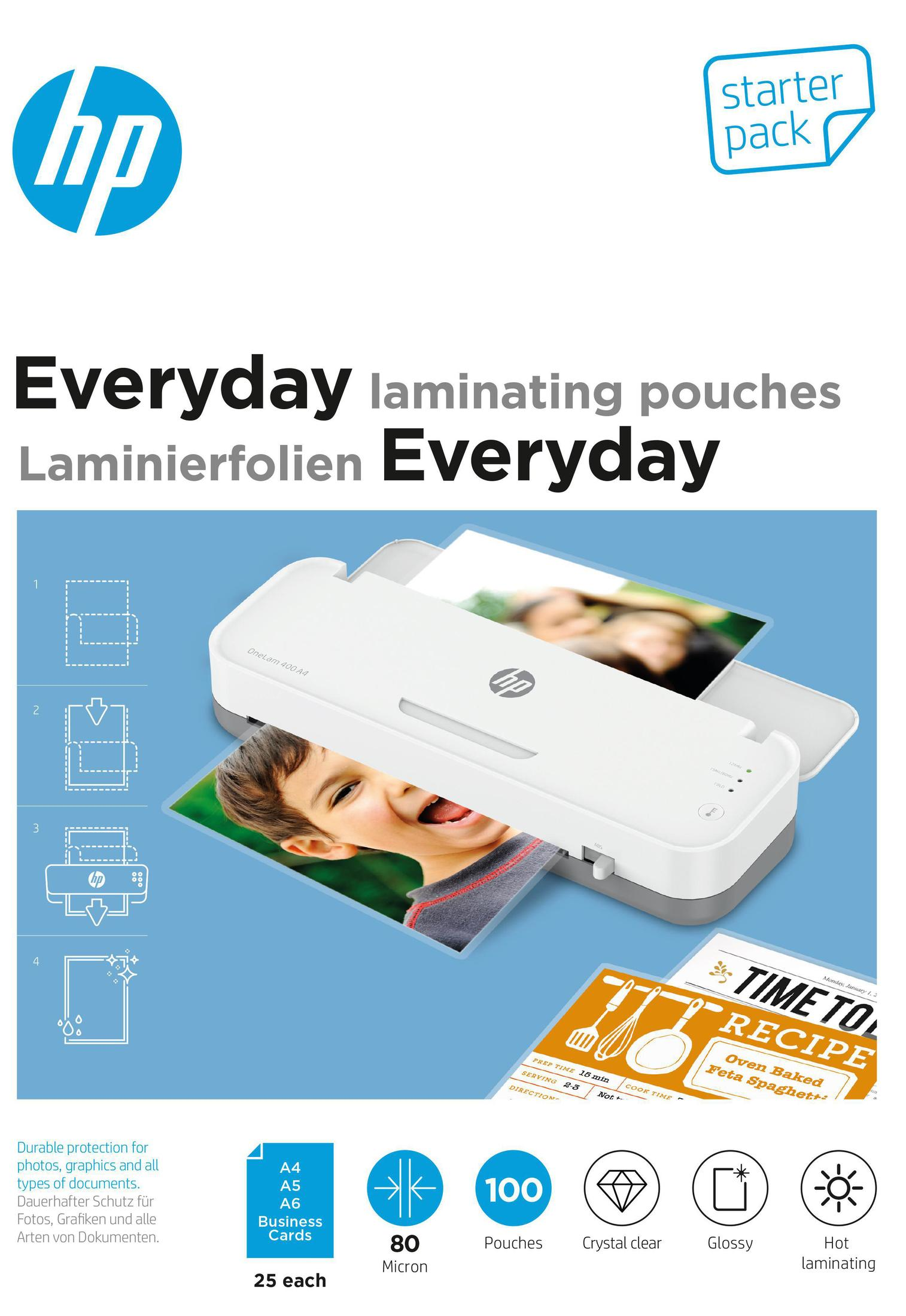 Buste per plastificazione HP Everyday: una plastificatrice con foto di bambino e biglietto ricetta.