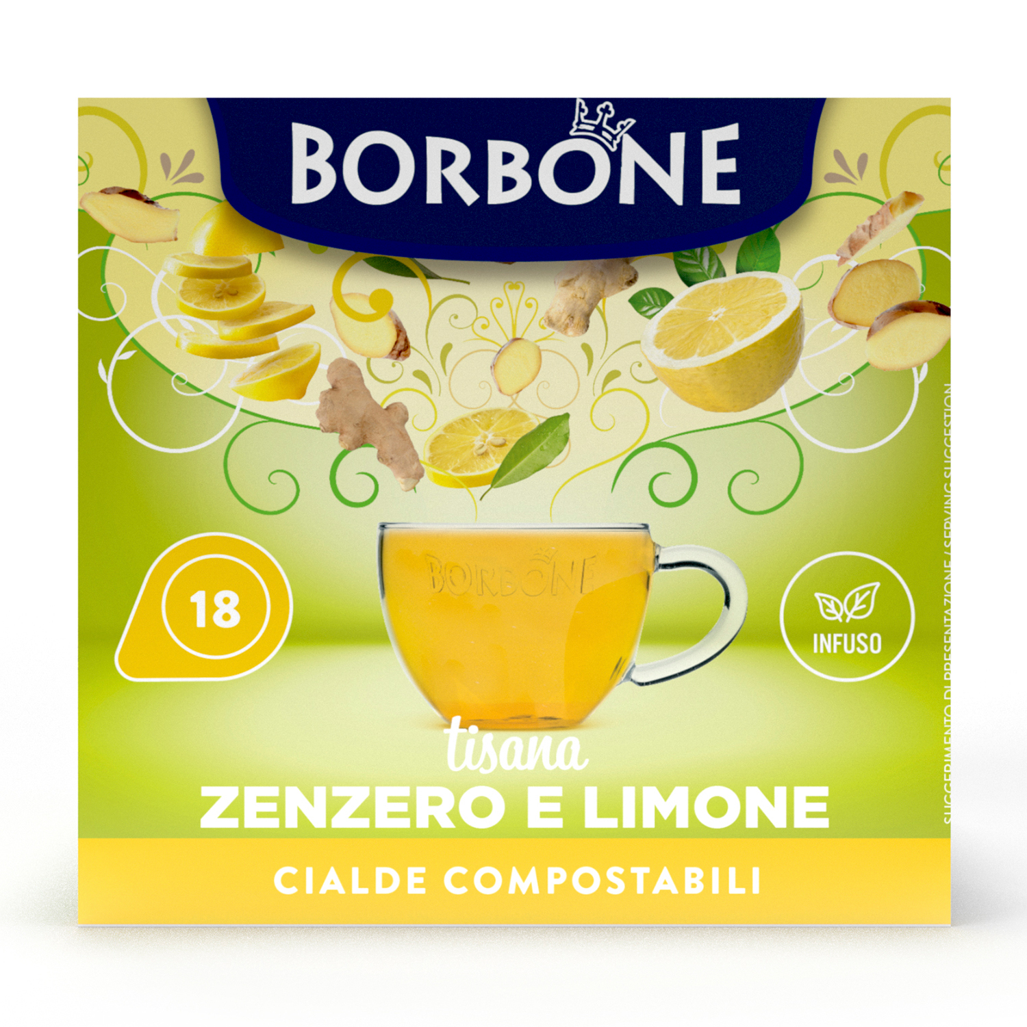 Tisana Borbone Zenzero e Limone, 18 cialde, con fette di limone e zenzero.