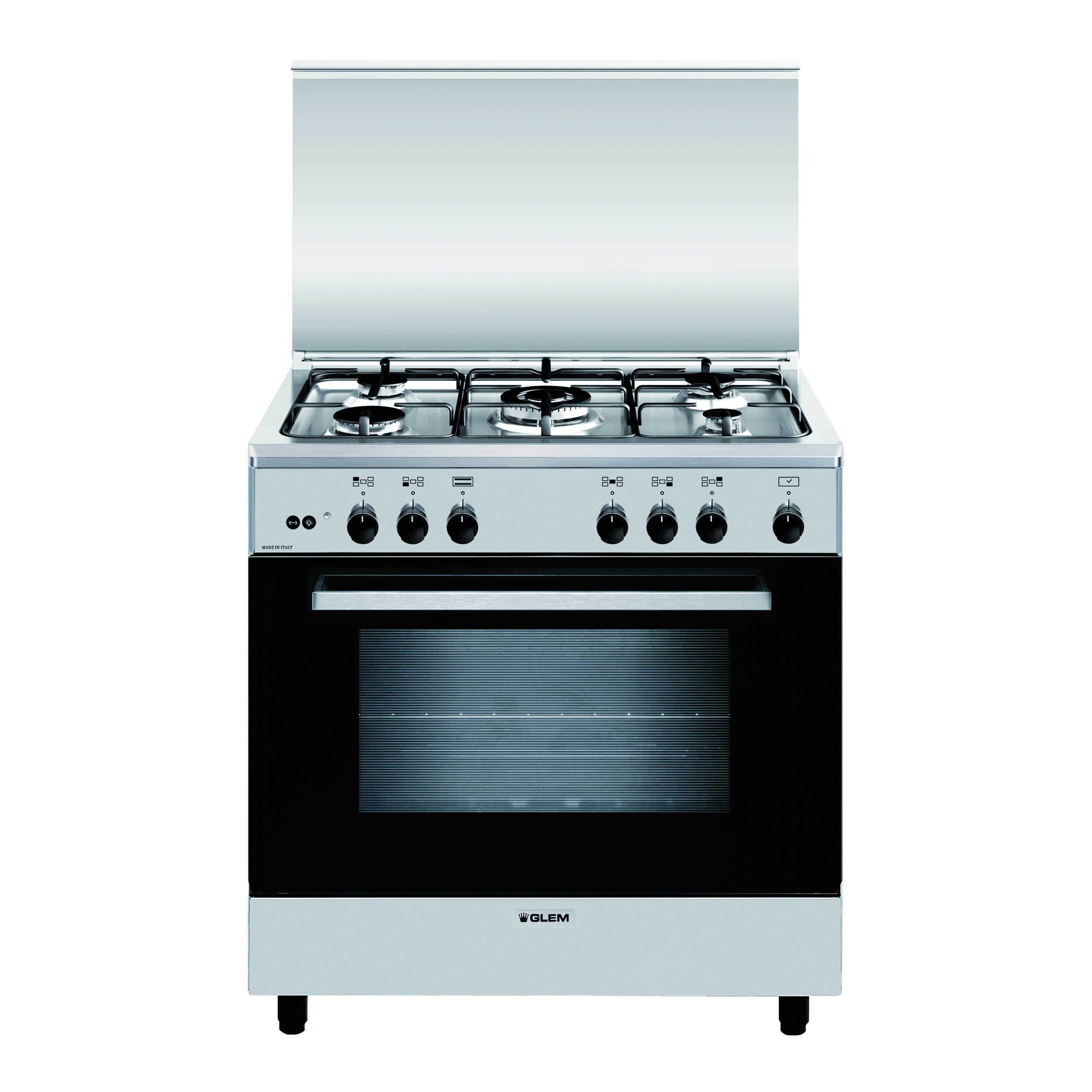 Fornello a gas argentato con coperchio aperto e finestra forno visibile.
