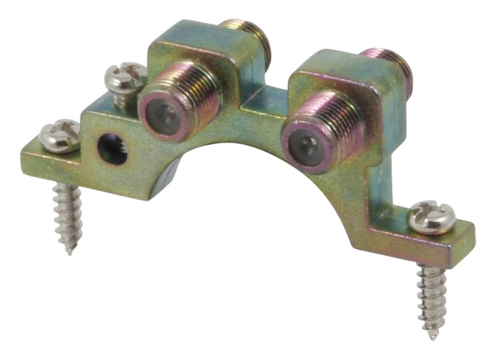 Uno splitter per cavo coassiale in metallo con due porte e viti. È di colore dorato.