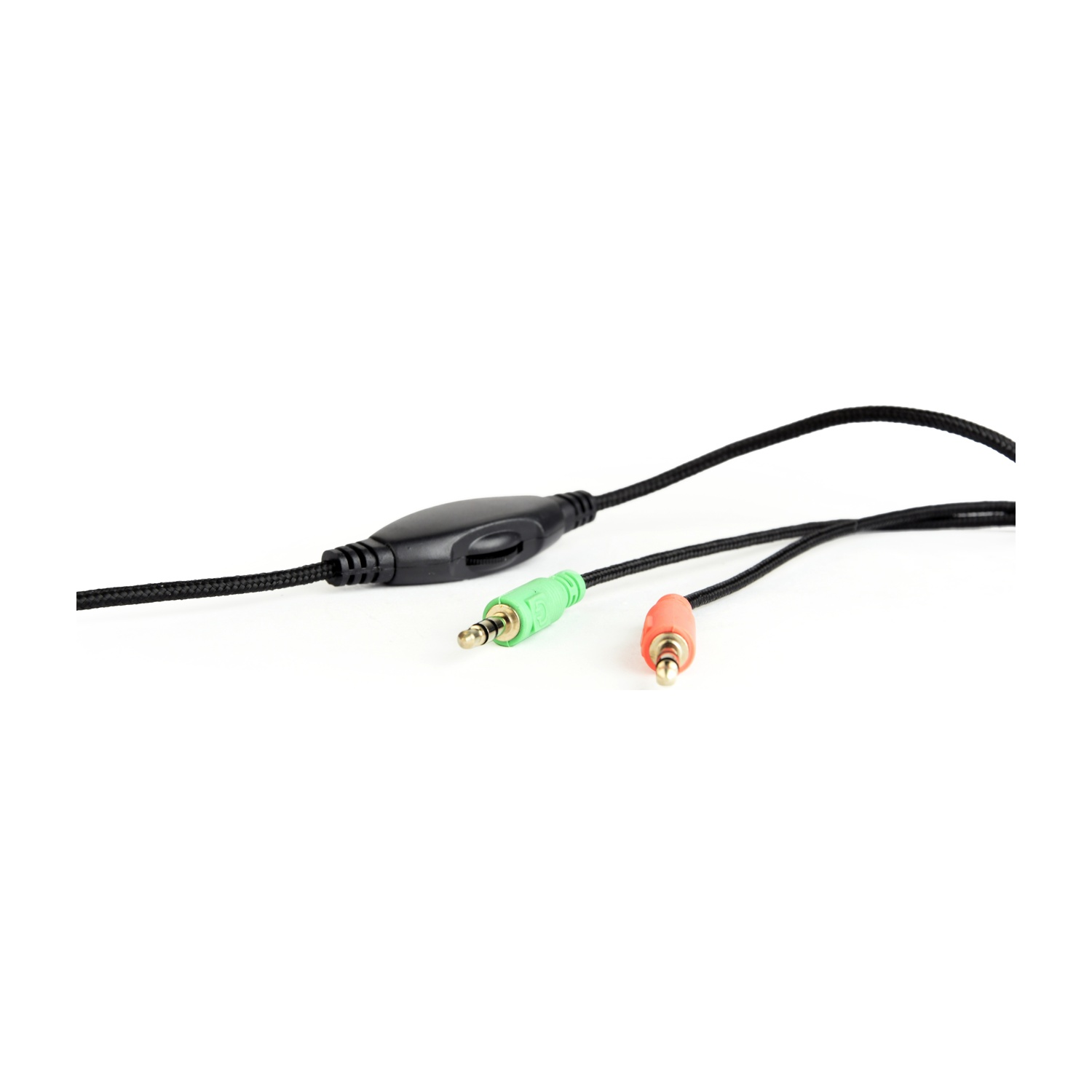 A black audio cable with a volume control and green and orange 3.5mm connectors.