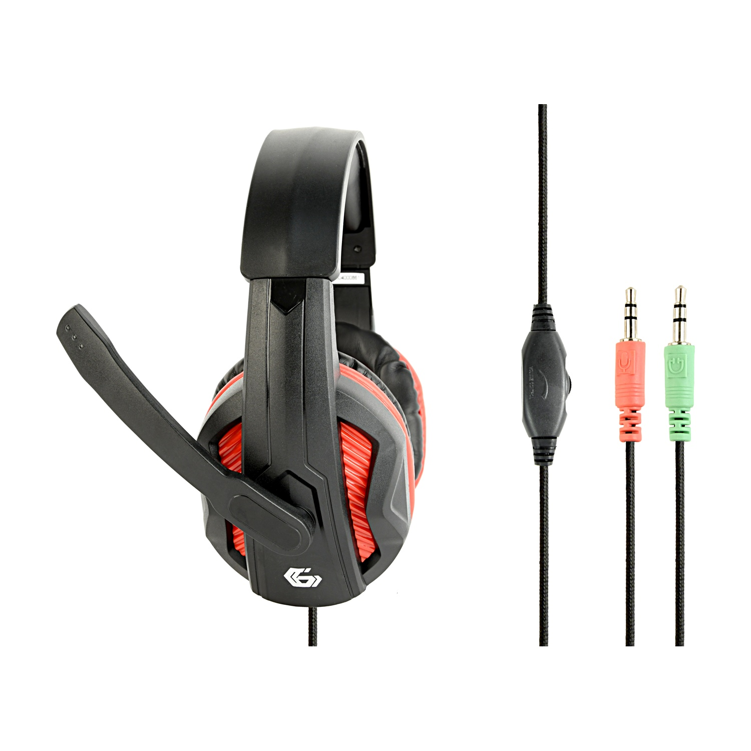 Black gaming headset with red accents, microphone, and two audio jacks.
