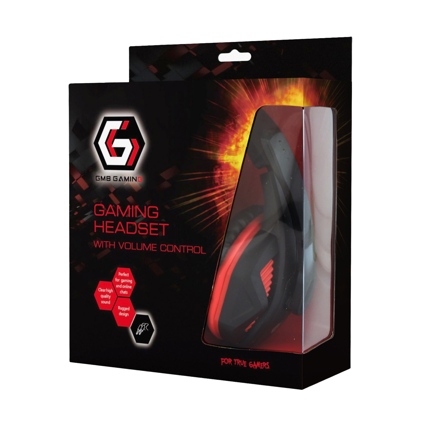 Black box packaging for GMB Gaming headset with red accents and clear window showing headset.
