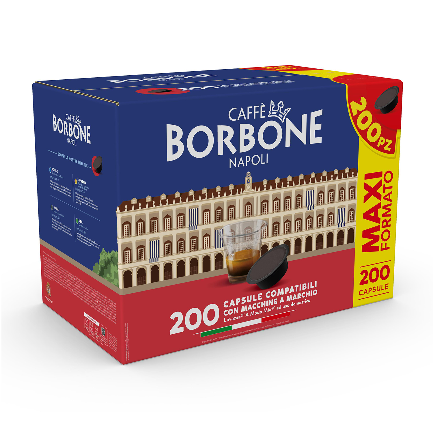 Una scatola blu contenente 200 capsule di caffè Borbone, con illustrazione di un palazzo.
