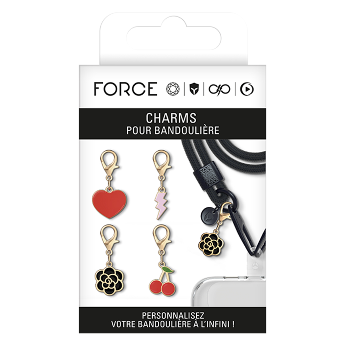 Charms Force per borse: cuore rosso, fulmine rosa, fiore nero, ciliegie su tracolla nera.