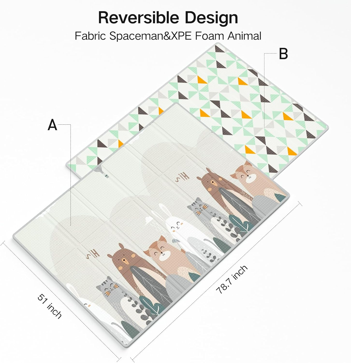 Eine reversible Spielmatte mit Tiermotiven auf einer Seite und geometrischen Mustern auf der anderen. Größen 51x78,7 Zoll.