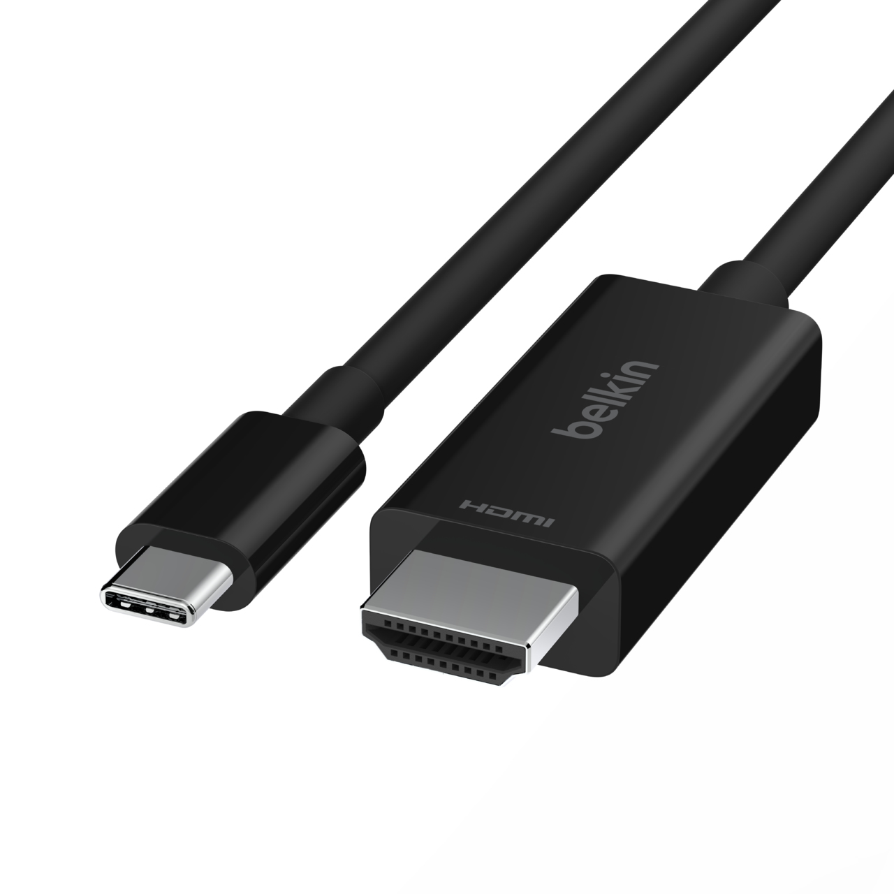 Câble Belkin USB-C vers HDMI noir avec connecteurs argentés sur fond blanc.