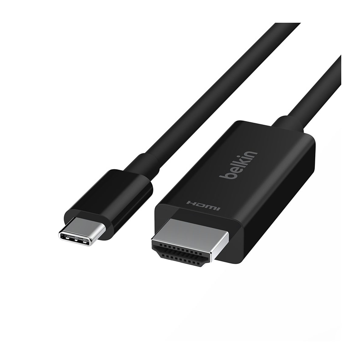 Un câble Belkin USB-C vers HDMI noir avec les deux connecteurs visibles.