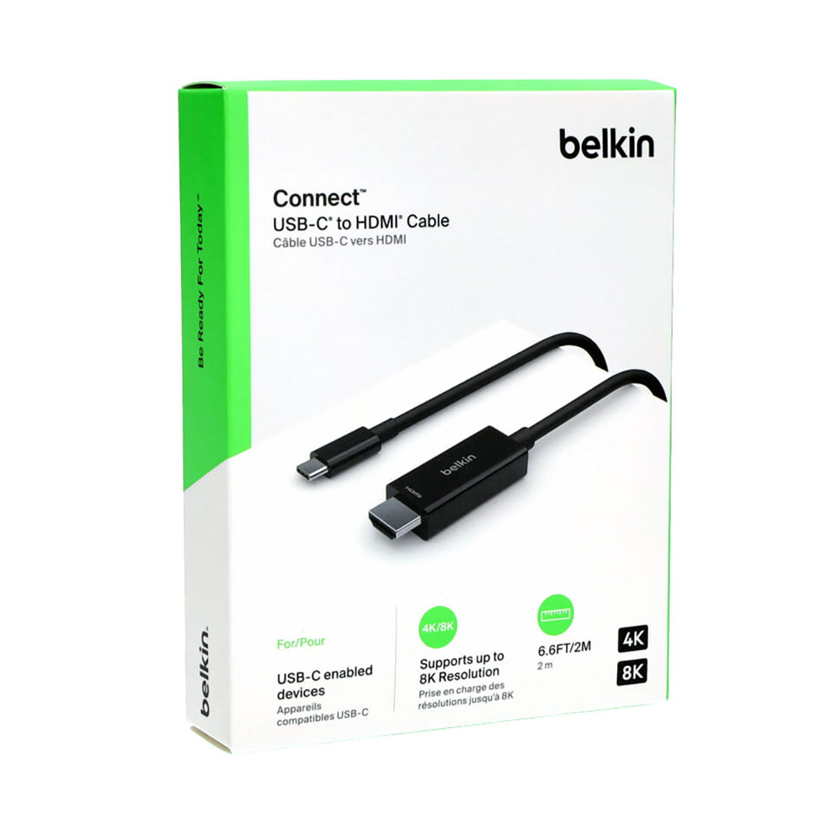 Boîte de câble Belkin USB-C vers HDMI, montre le câble avec embouts USB-C et HDMI. Prend en charge 8K.