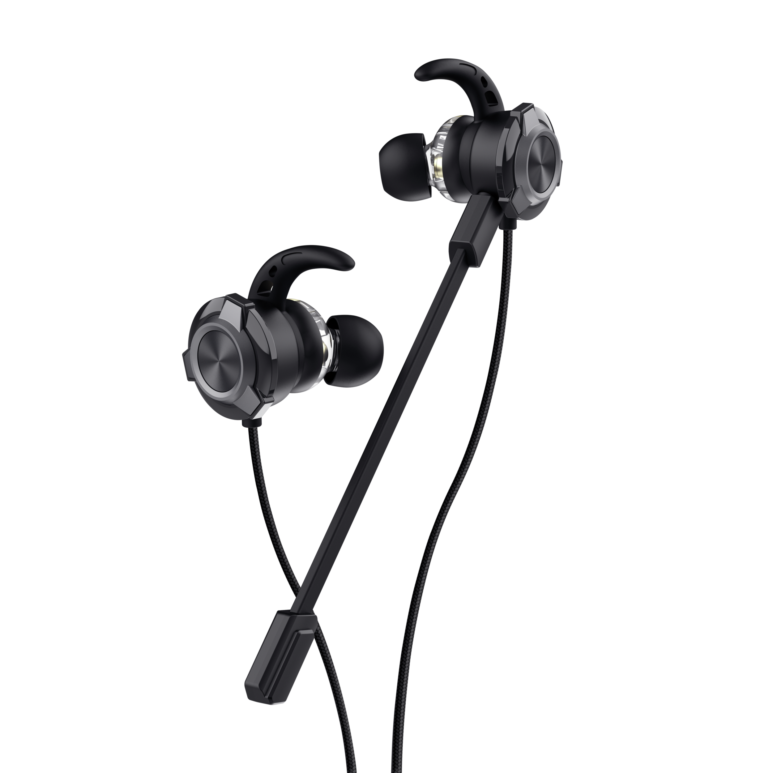 Zwarte in-ear oortjes met microfoon, stijlvol design.