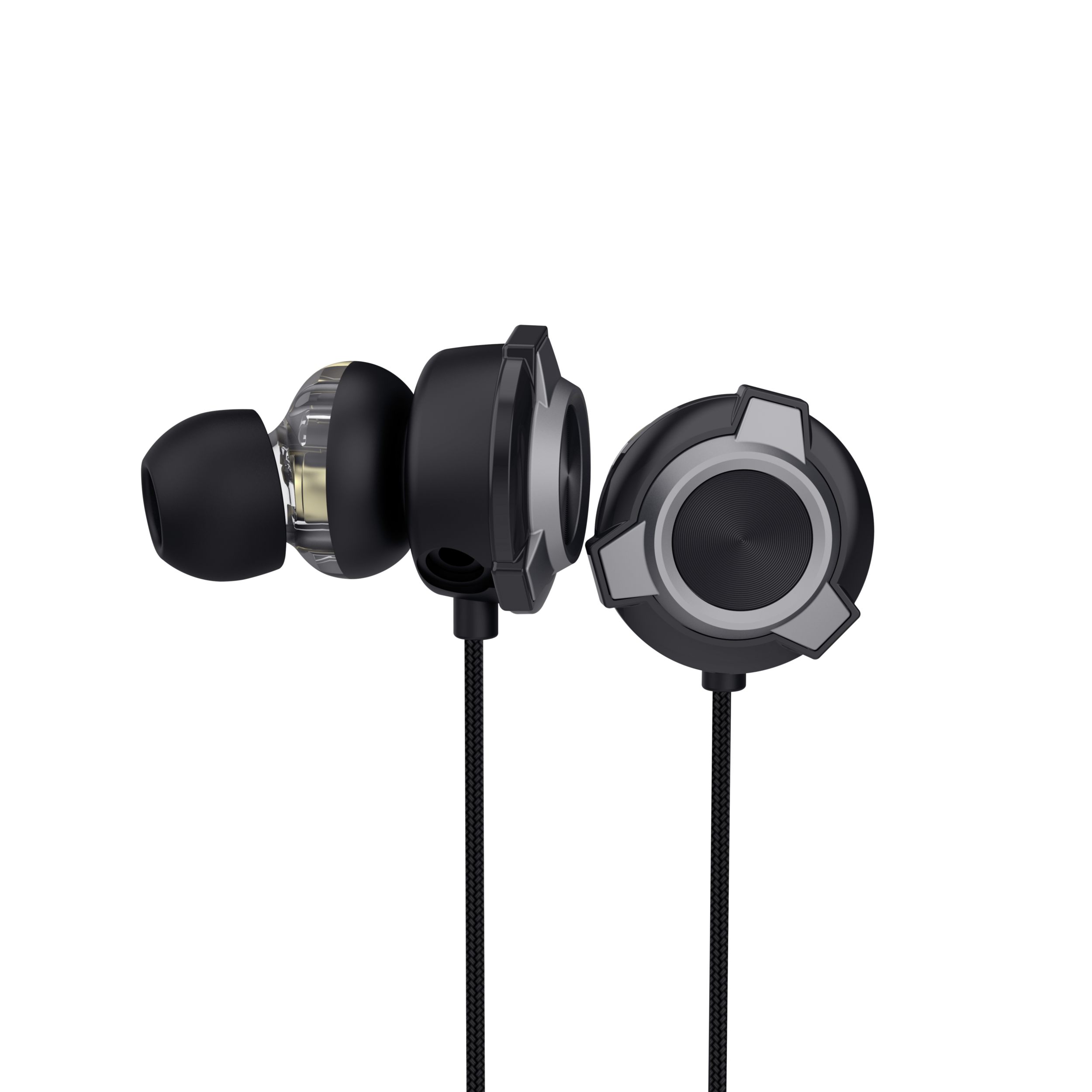 Zwarte in-ear oordopjes met zilveren accenten en gevlochten kabel.