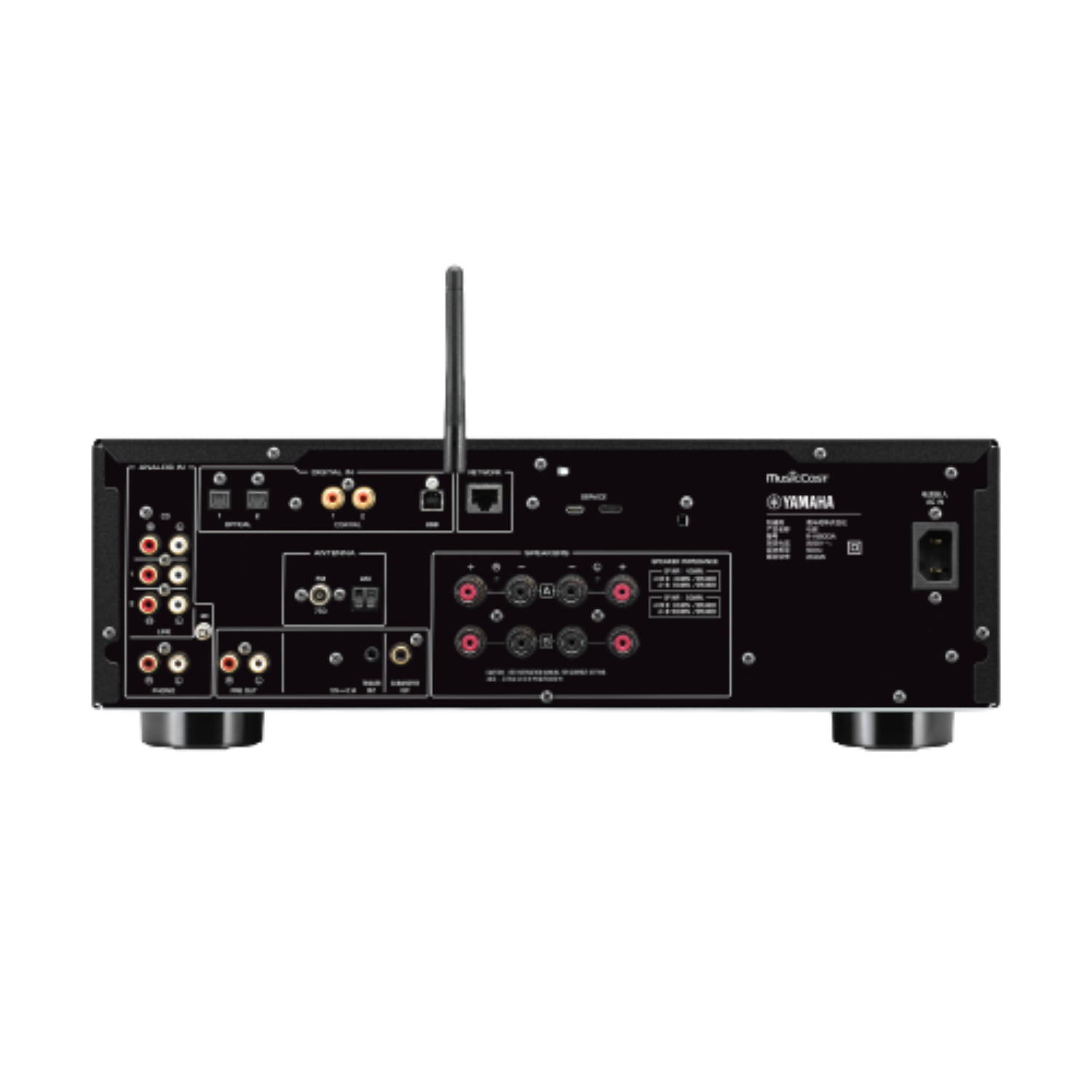 Rückseite eines schwarzen Yamaha-Receivers mit verschiedenen Audio-Ein-/Ausgängen und einer Steckdose.