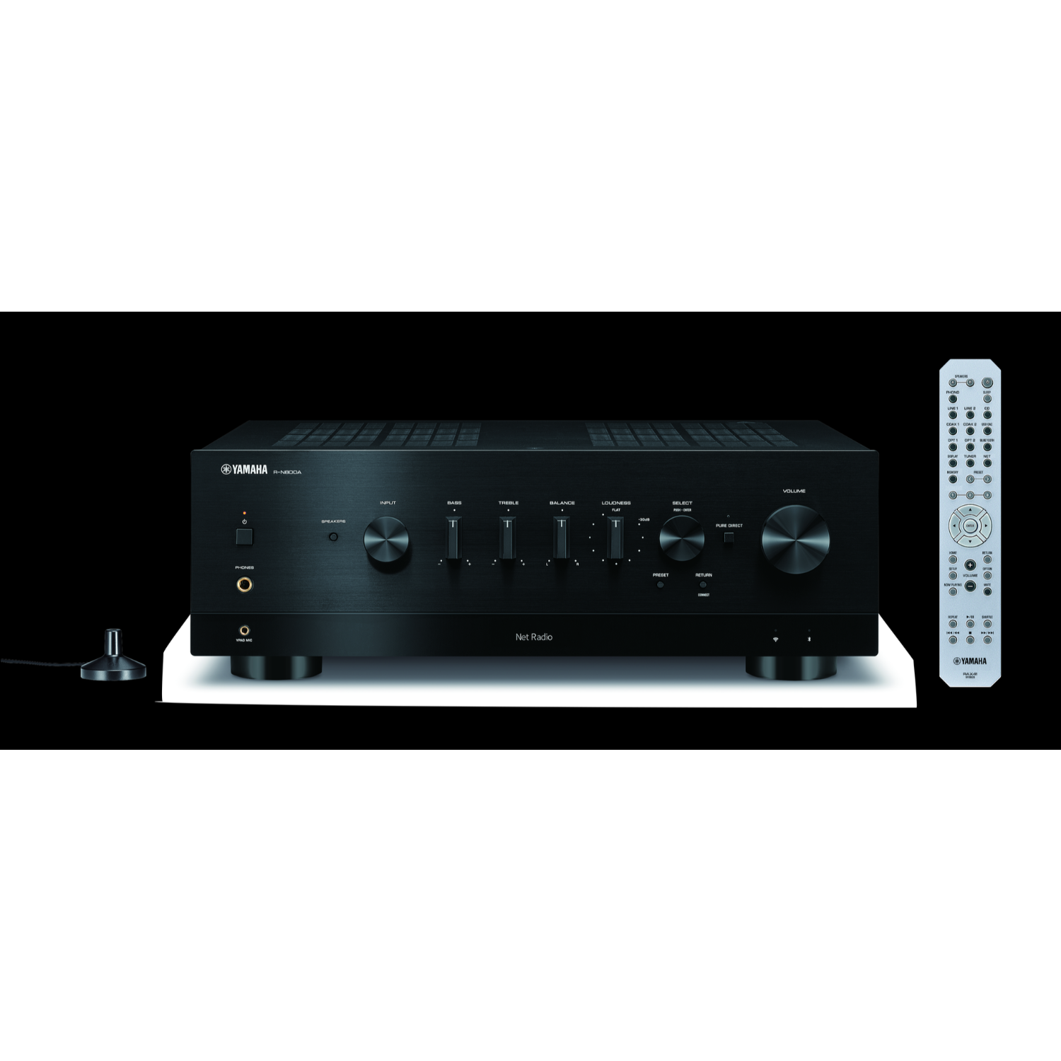 Ein schwarzer Yamaha R-N803A Stereo-Receiver mit Fernbedienung und Antenne.