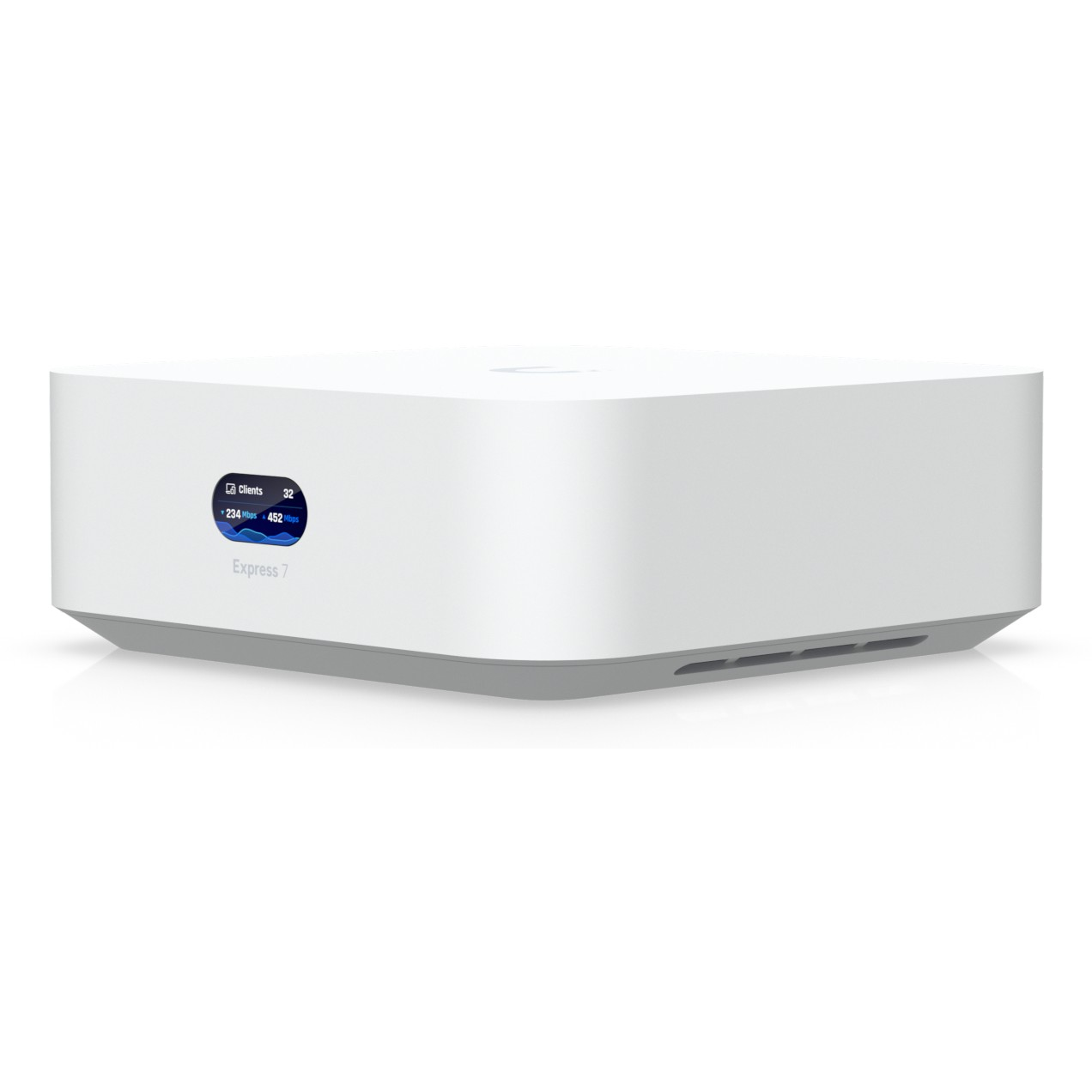 Een witte router met een klein scherm dat 32 clients toont.