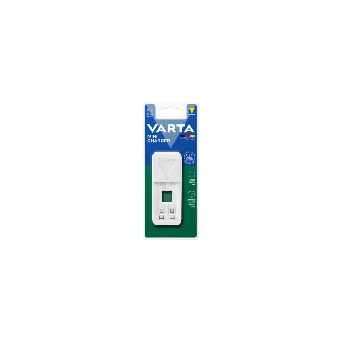 Caricabatterie Varta Mini in confezione retail. Caricabatterie bianco con due alloggiamenti.