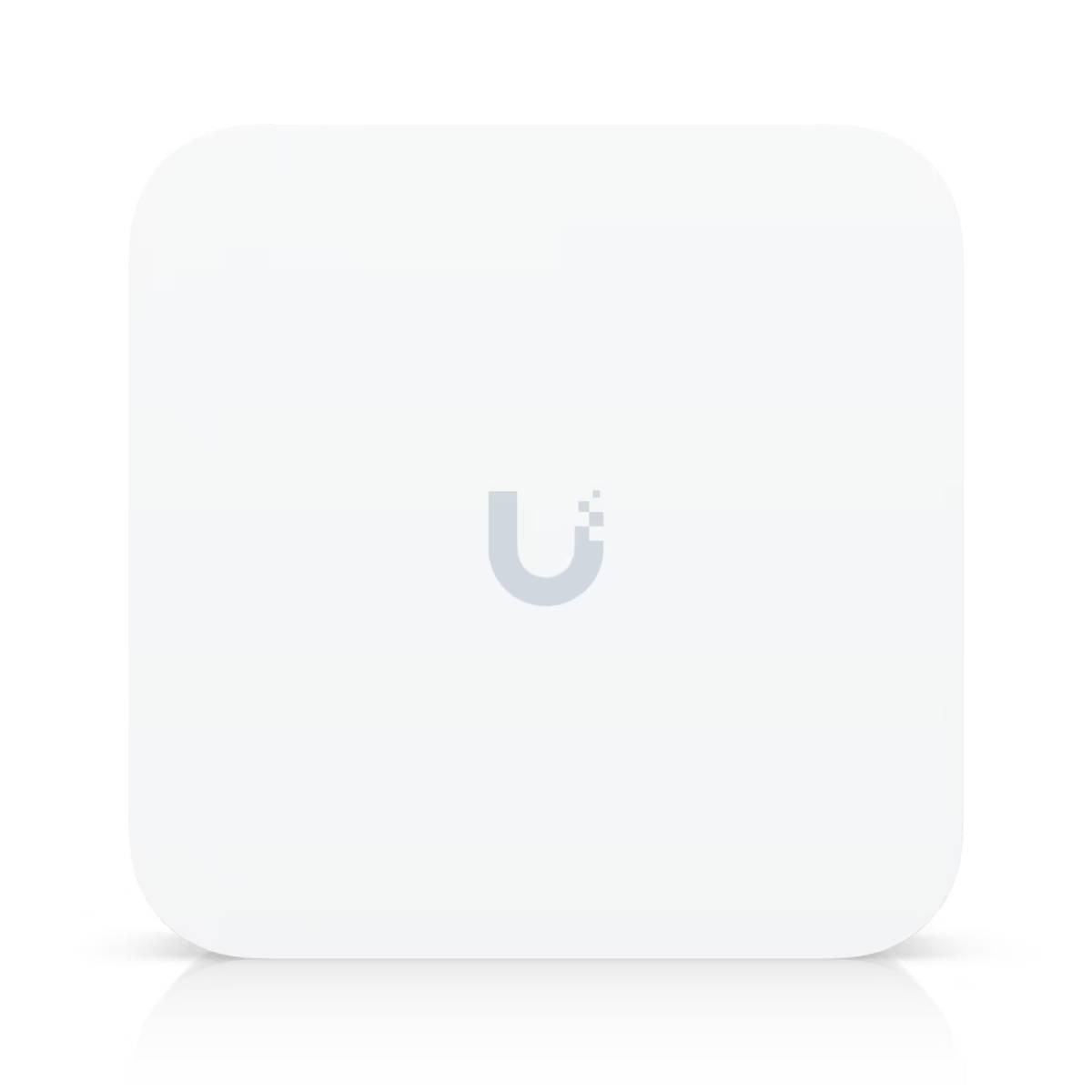 Een wit vierkant apparaat met afgeronde hoeken en een grijs U-vormig logo.