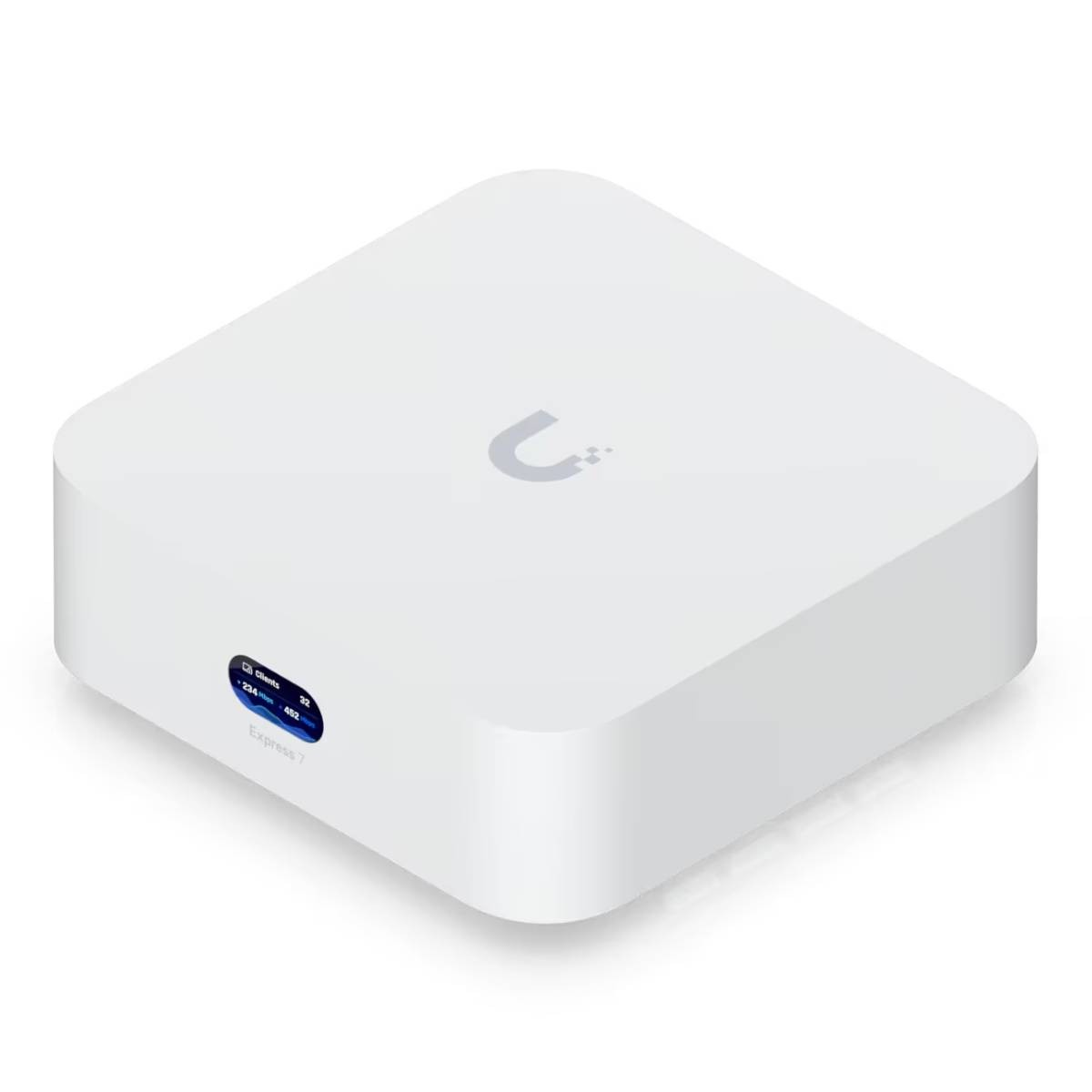 Een witte, vierkante router met logo en een klein blauw scherm dat netwerkgegevens toont.
