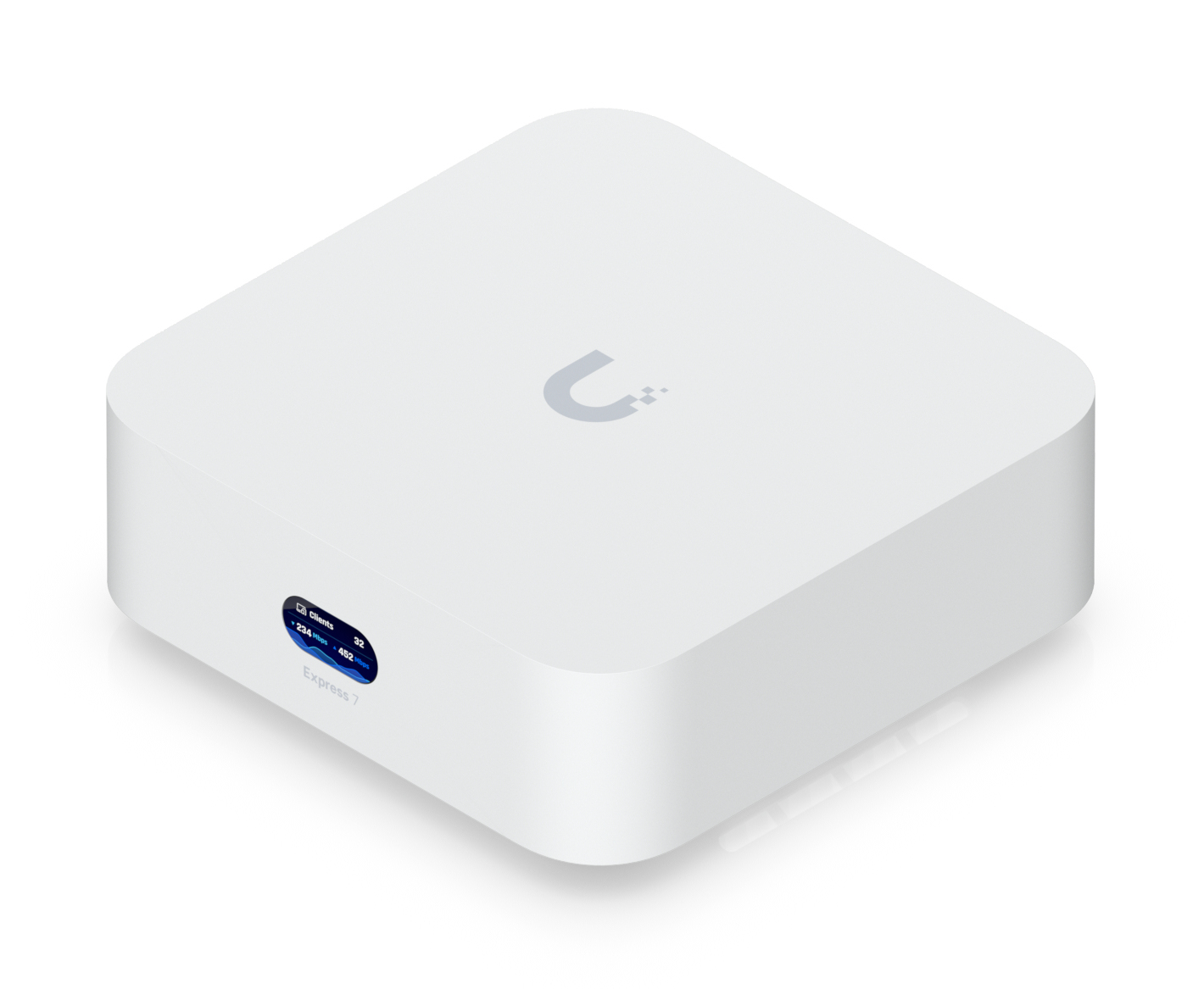 Witte router met klein blauw scherm dat snelheid en aantal clients toont. Logo bovenop.