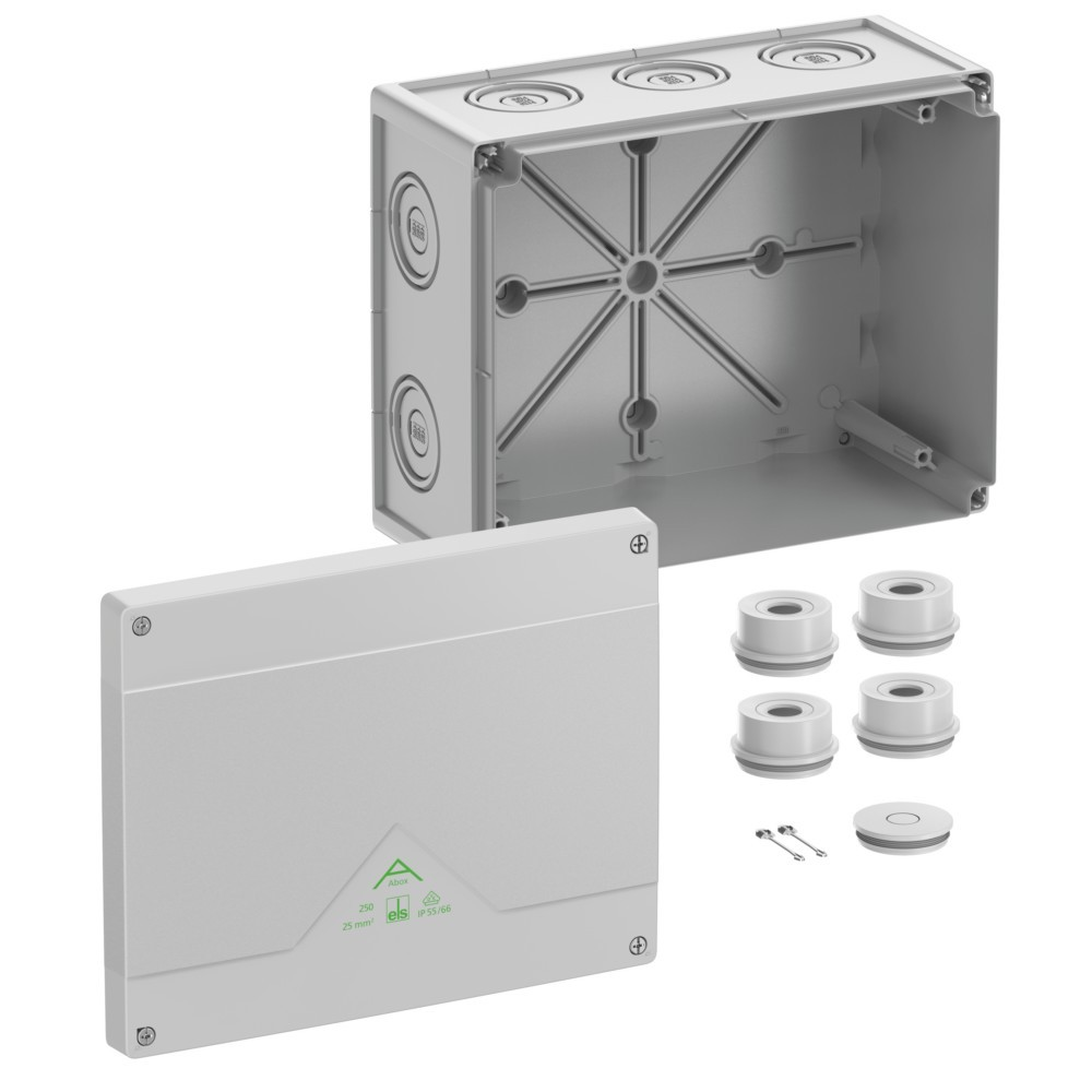 Contenitore elettrico grigio con coperchio rimosso, che mostra la struttura interna e gli accessori.