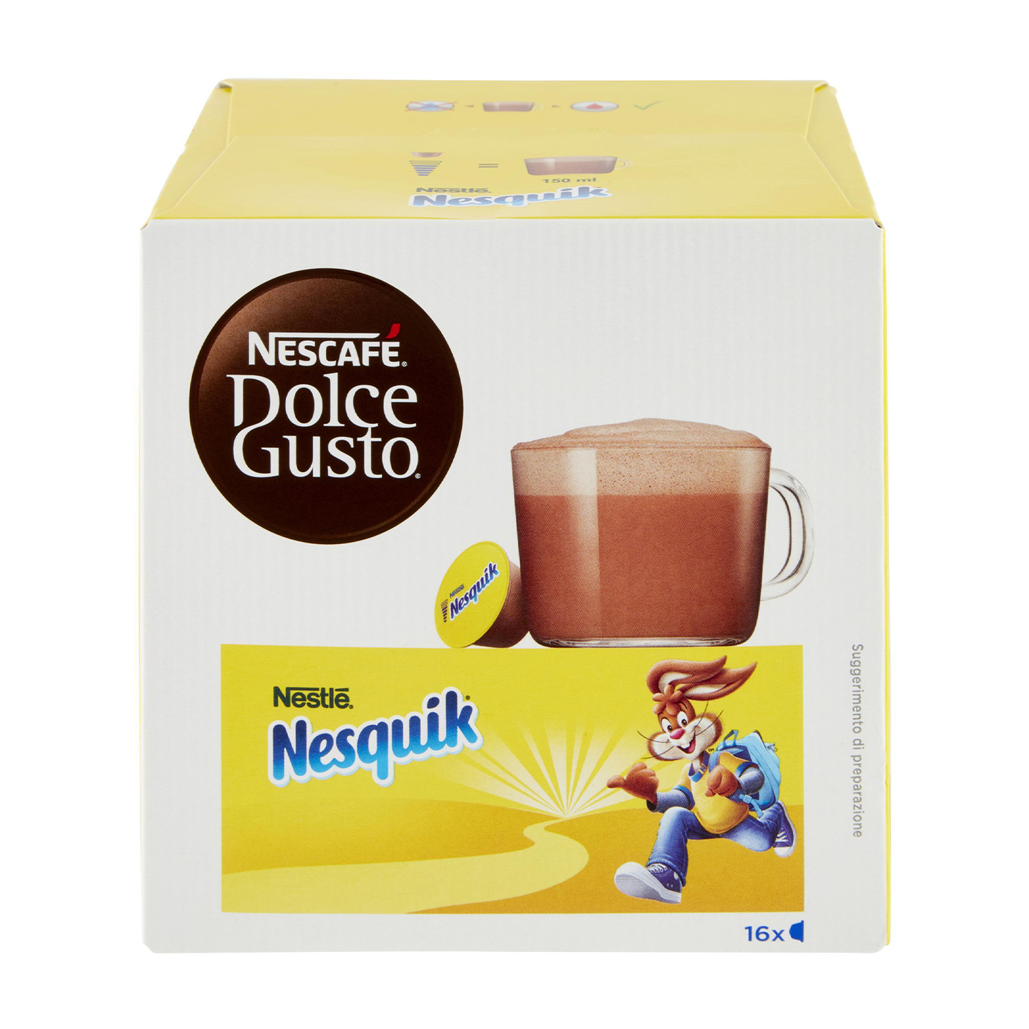 Capsule caffè Nesquik con bicchiere di bevanda al cioccolato e il coniglio Nesquik.