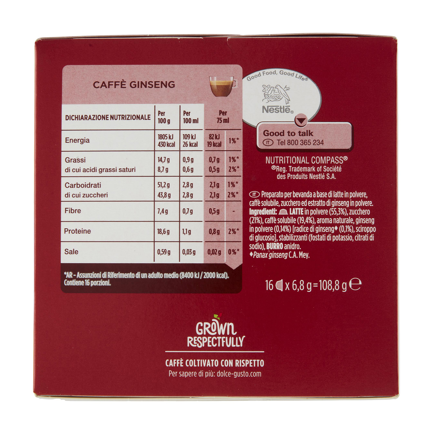 Confezione con tabella nutrizionale per caffè al ginseng. Elenca ingredienti e preparazione.