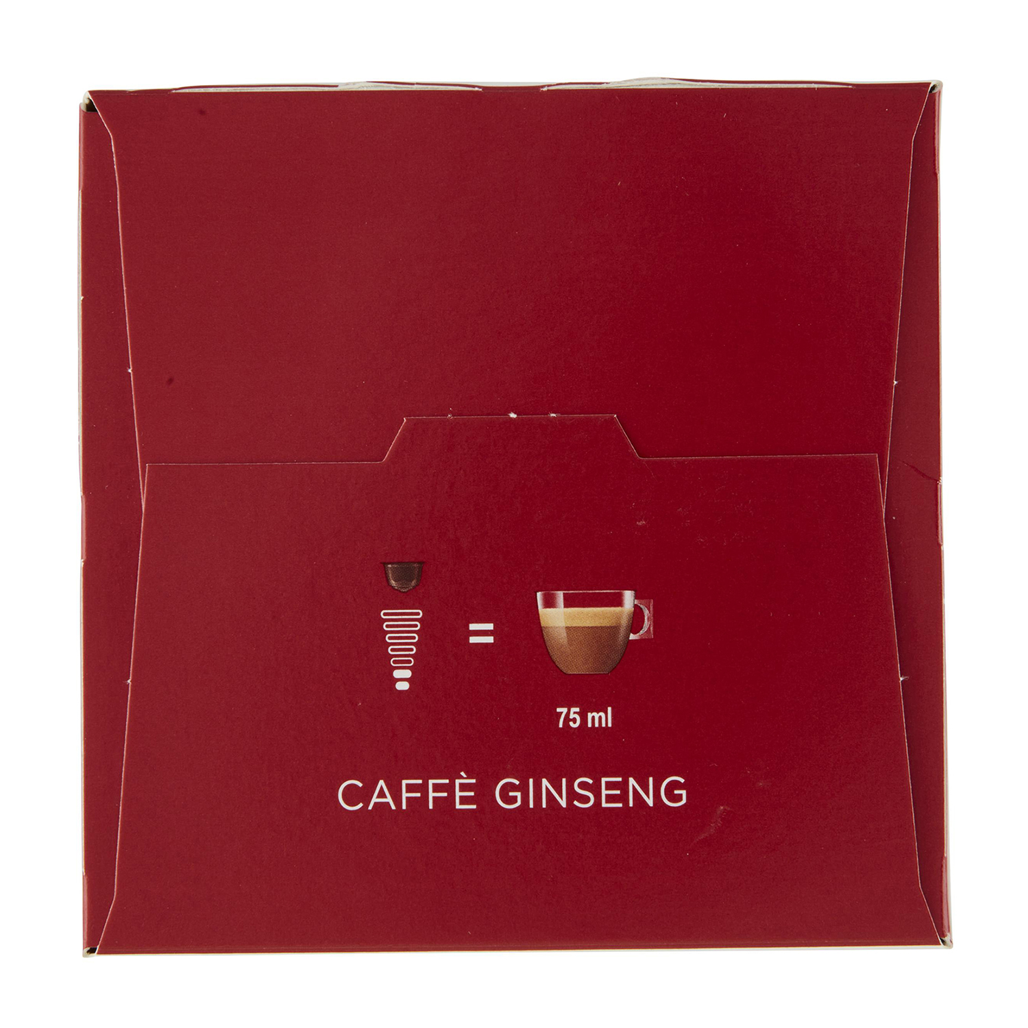 Scatola rossa con simbolo caffè, tazza e indicazione 75 ml. Testo: CAFFÈ GINSENG.