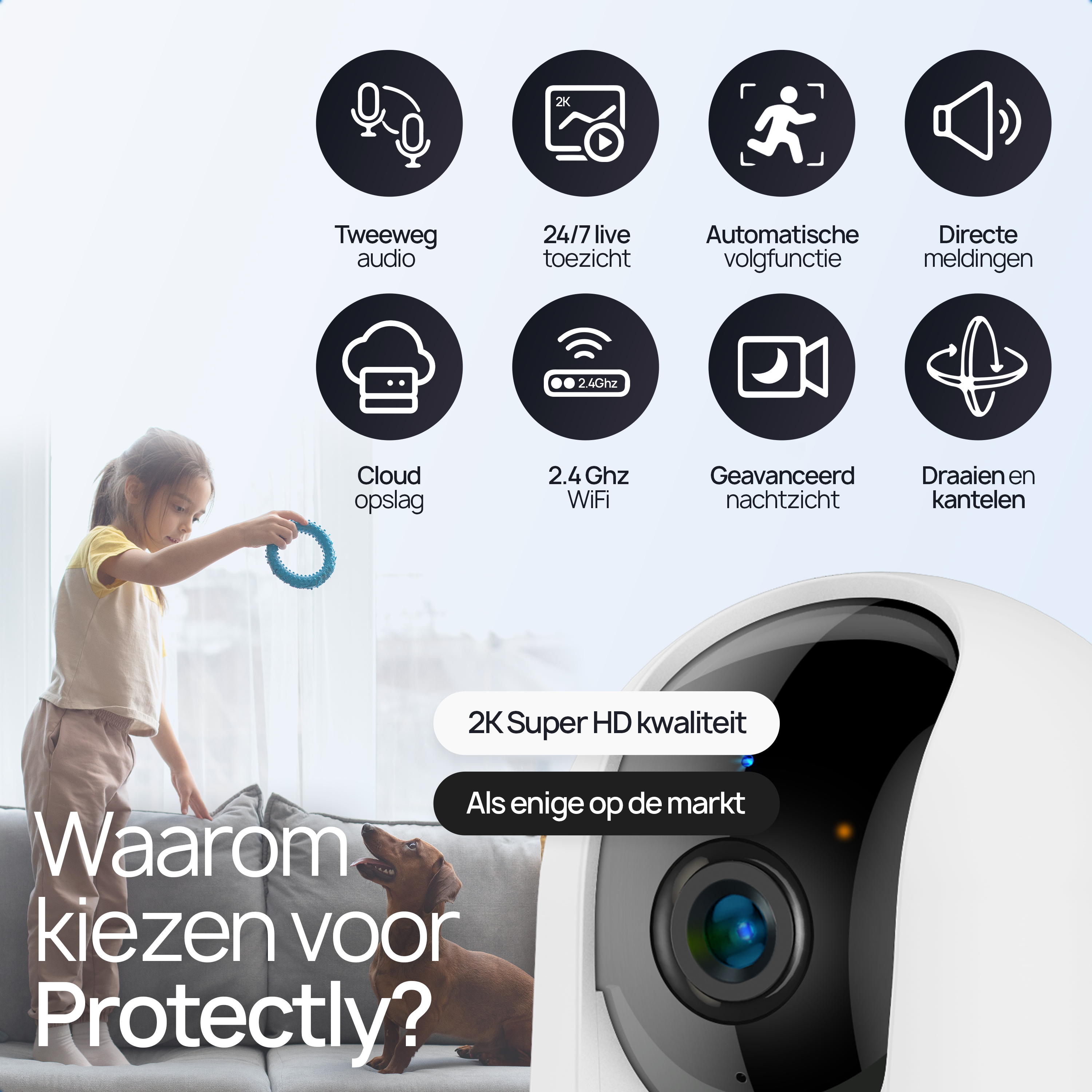A dog and a girl are in the foreground. Icons show security camera features.
