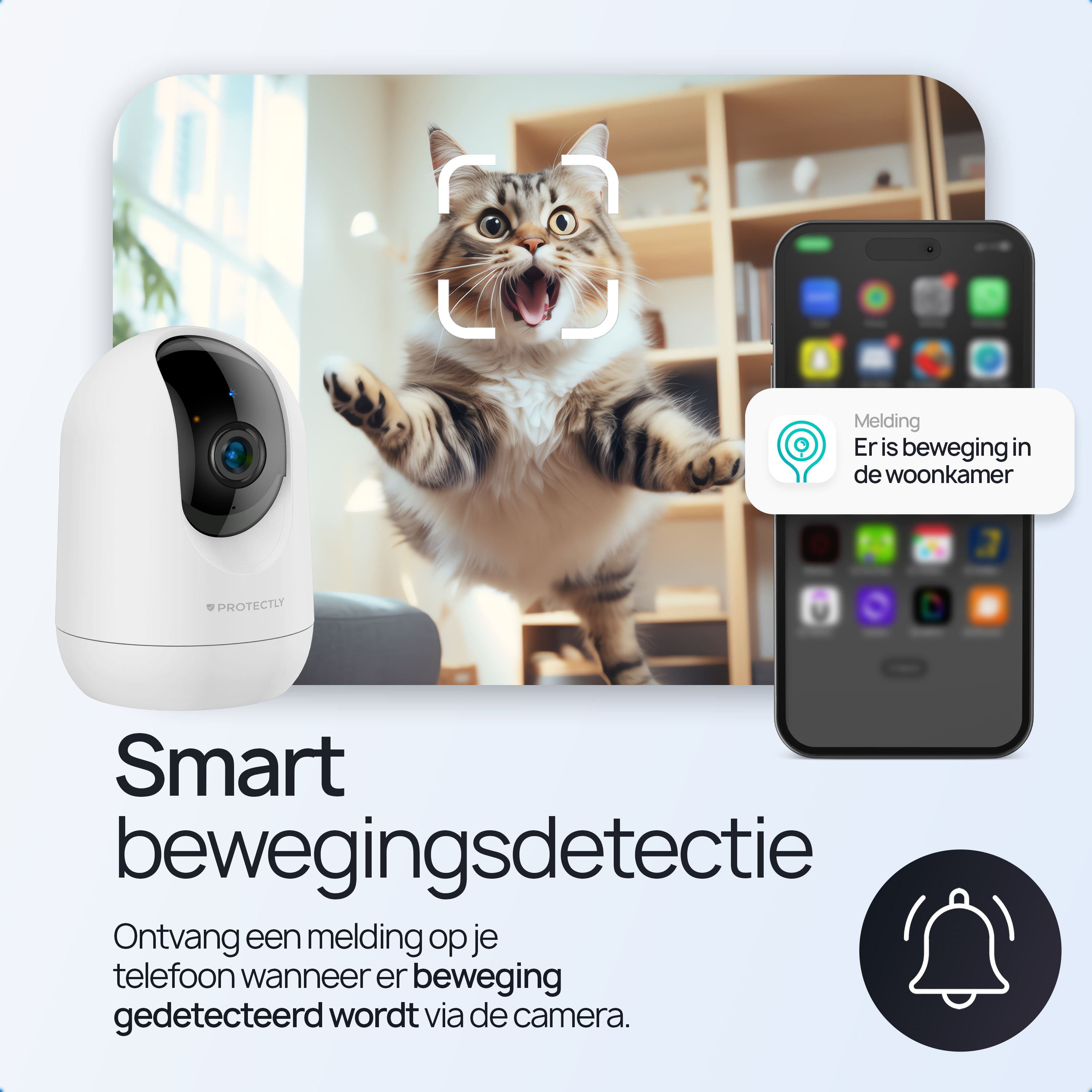 A white camera captures a cat; a notification says 