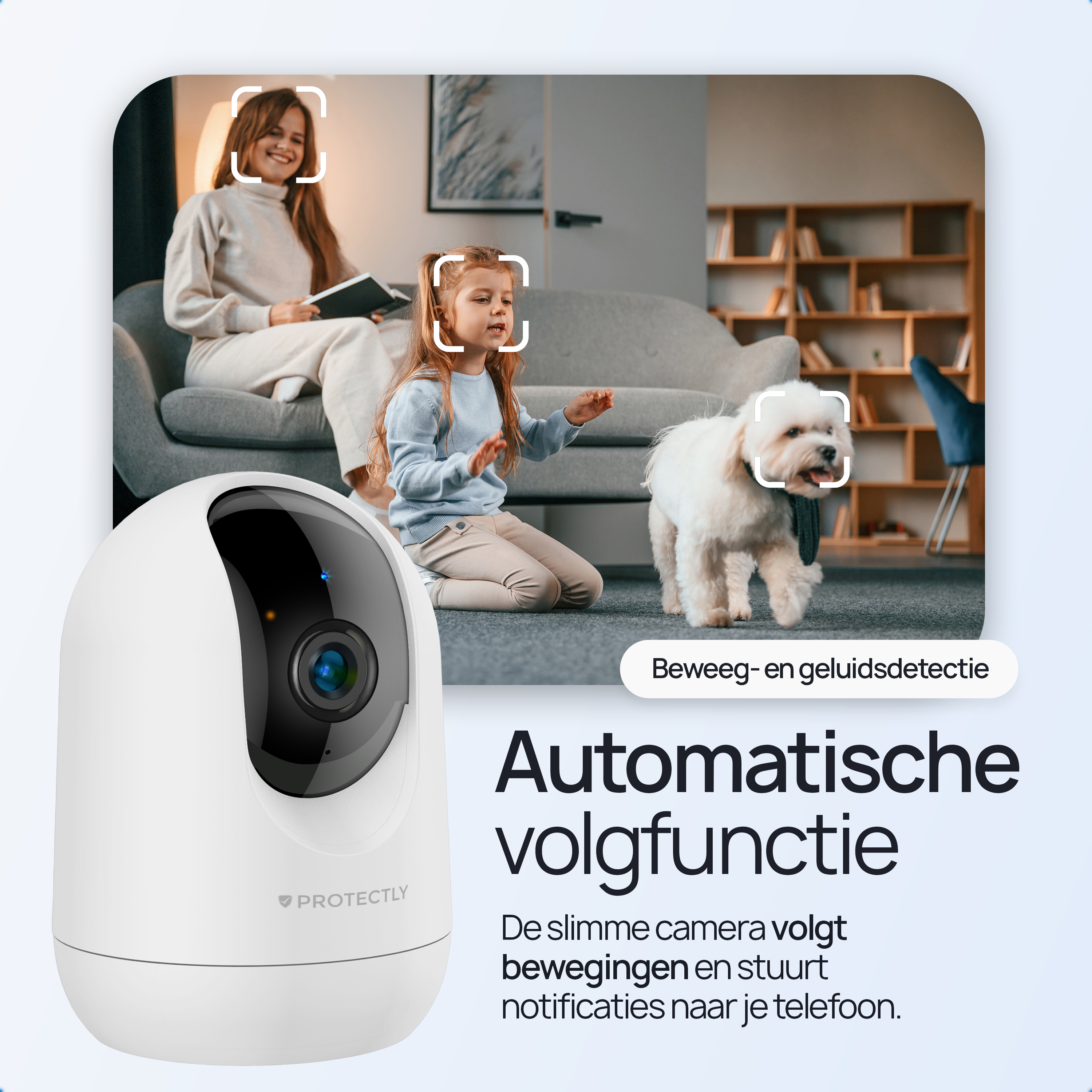 Security camera follows movement and sound. Woman, child, and dog in a living room.