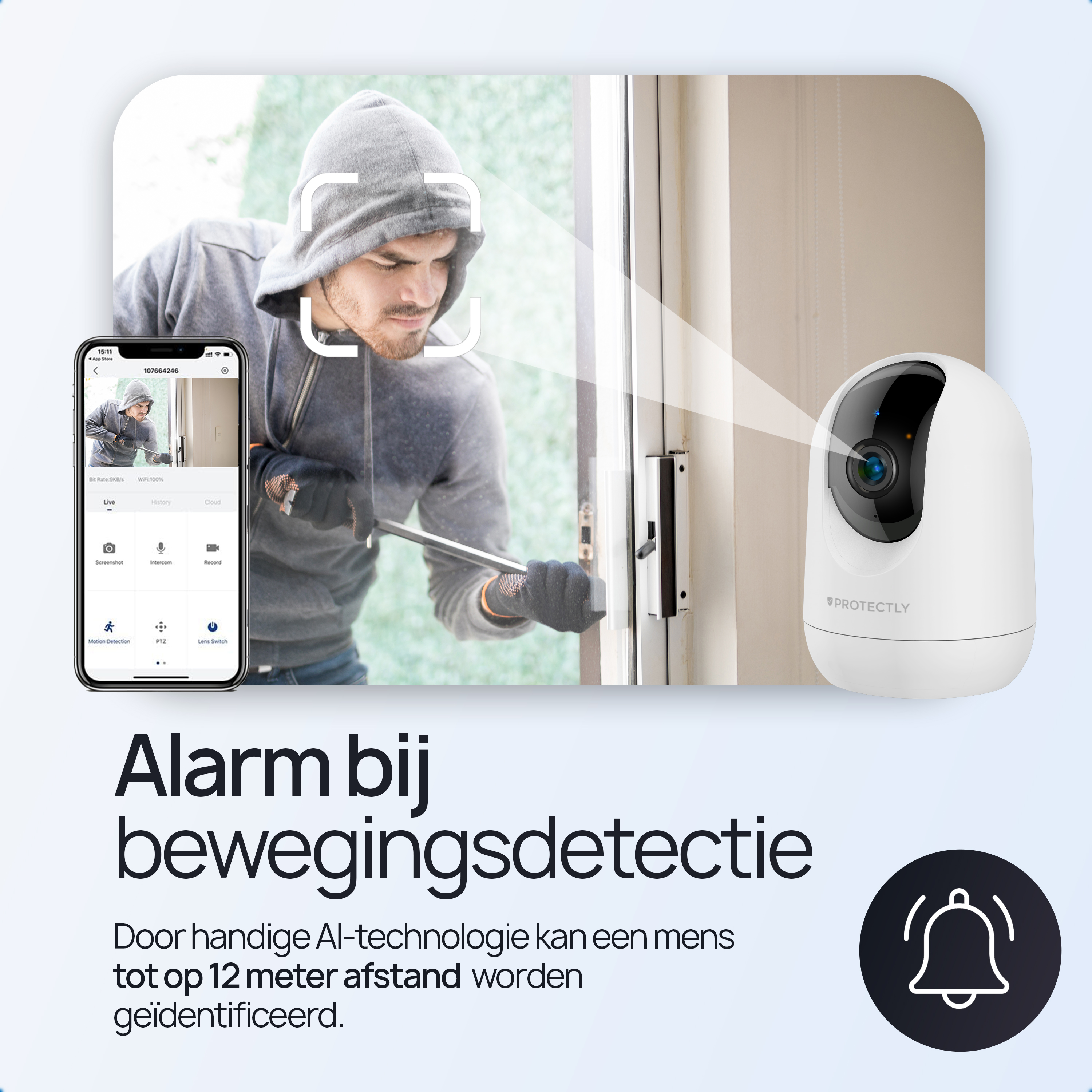 A burglar tries to break in while a security camera records.